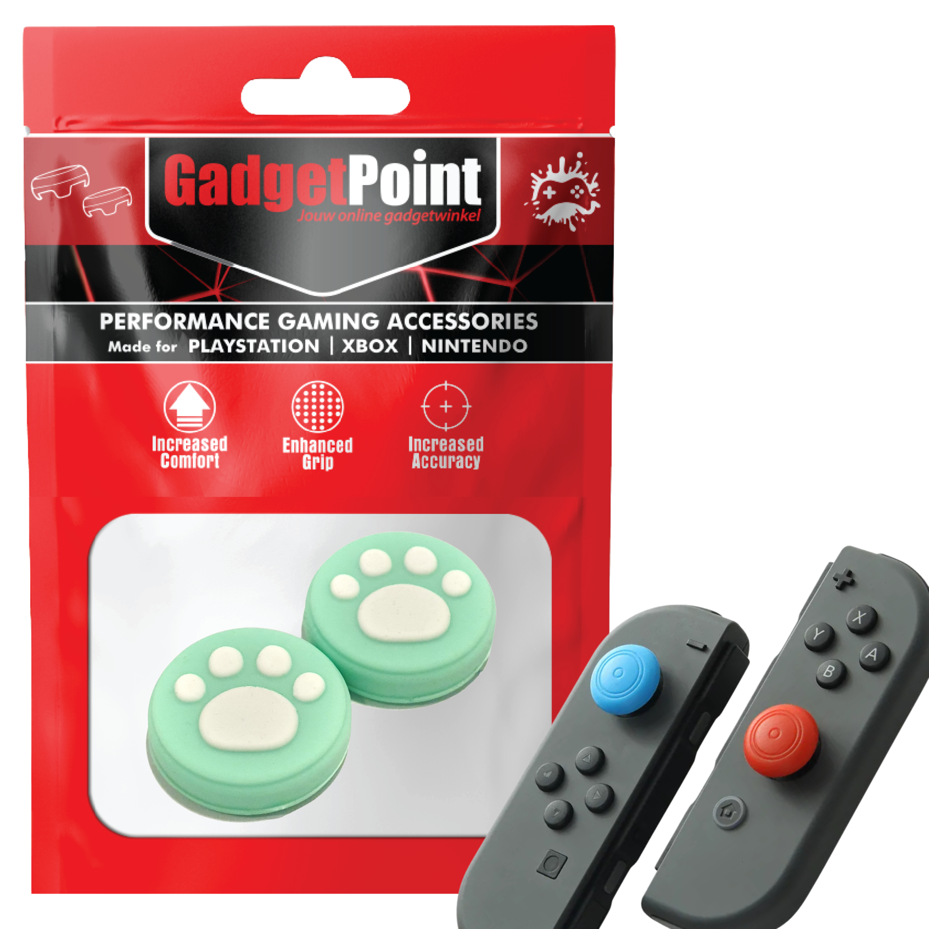 Gaming-Daumengriffe | Performance Anti-Rutsch-Daumenstifte | Joystick-Kappen-Daumengriffe | Pfoten - Grün mit Weiß | Zubehör passend für Nintendo Switch Joy-Con Controller