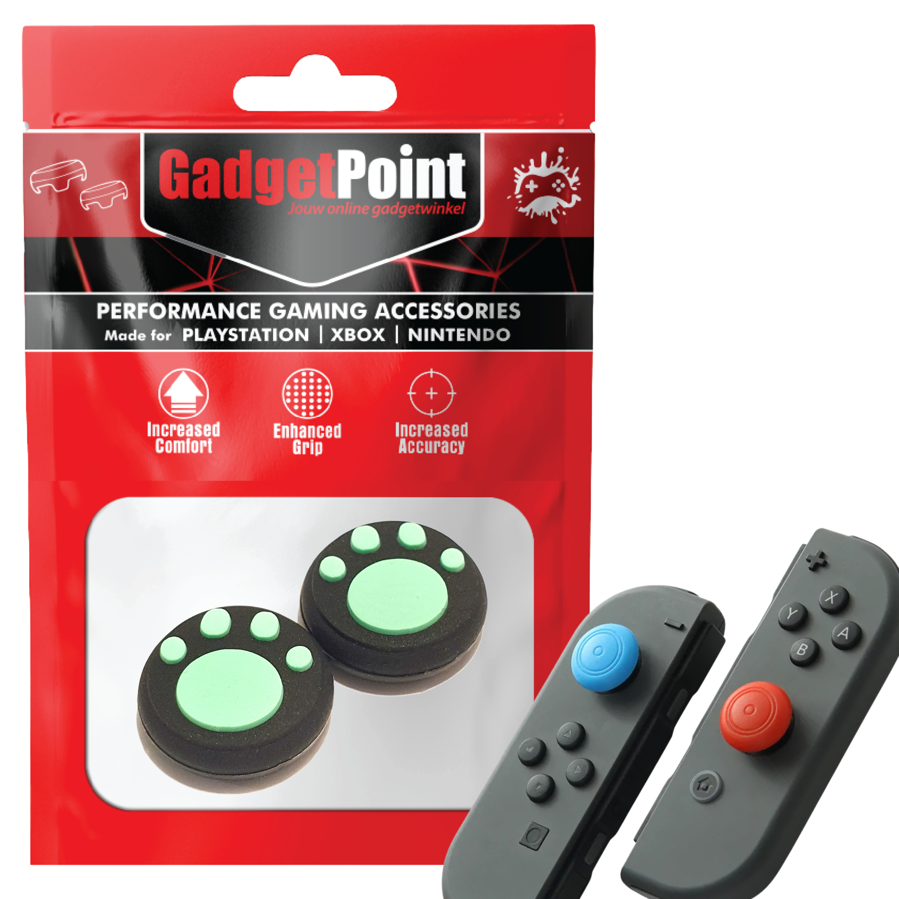 Thumb Grips voor Nintendo Switch Joy-Con Controllers - Gaming Thumbgrips - Performance Thumbsticks - Anti-Slip Joystick Caps - Bescherming Accessoires - Pootjes - Zwart met Lichtgroen