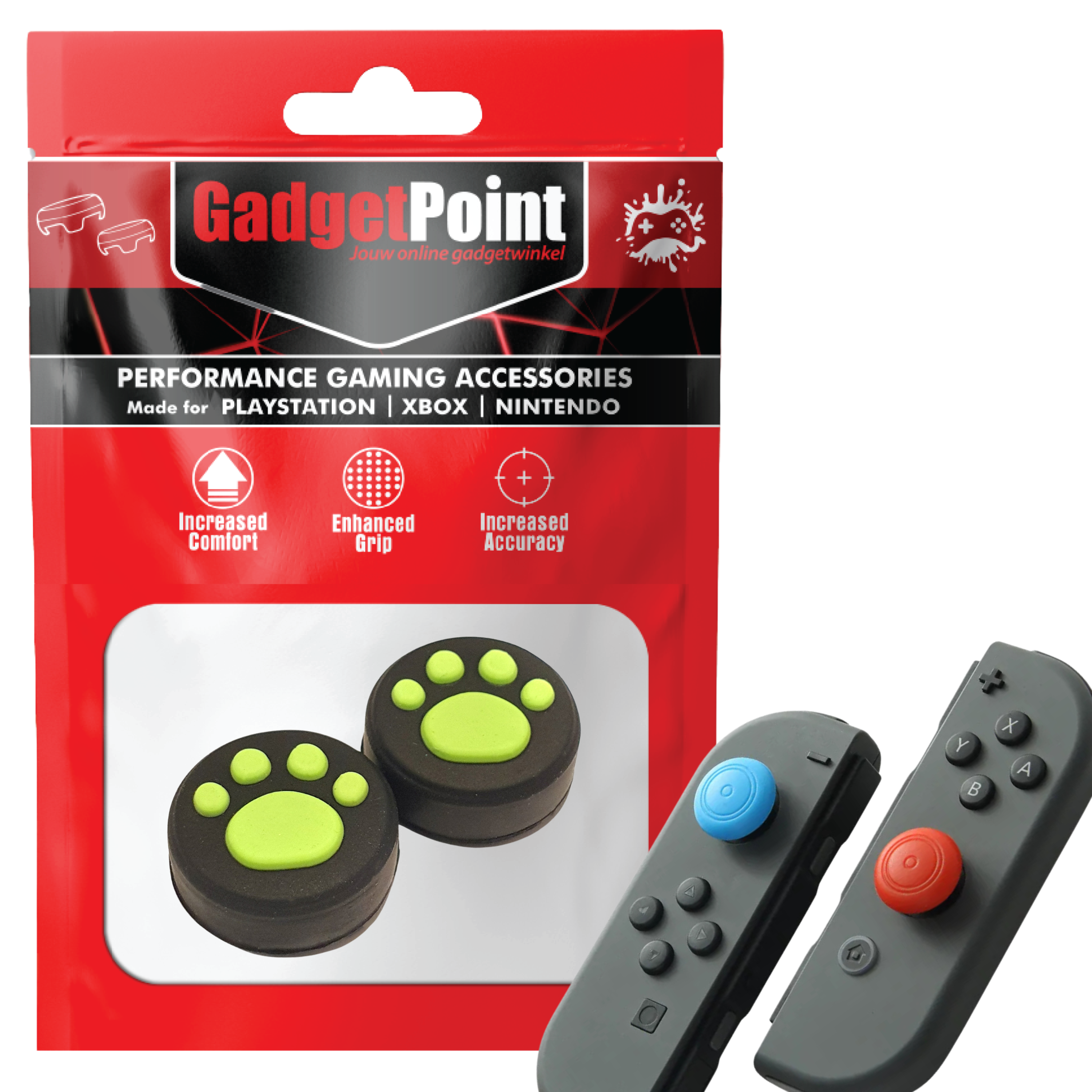 Thumb Grips voor Nintendo Switch Joy-Con Controllers - Gaming Thumbgrips - Performance Thumbsticks - Anti-Slip Joystick Caps - Bescherming Accessoires - Pootjes - Zwart/Lichtgroen