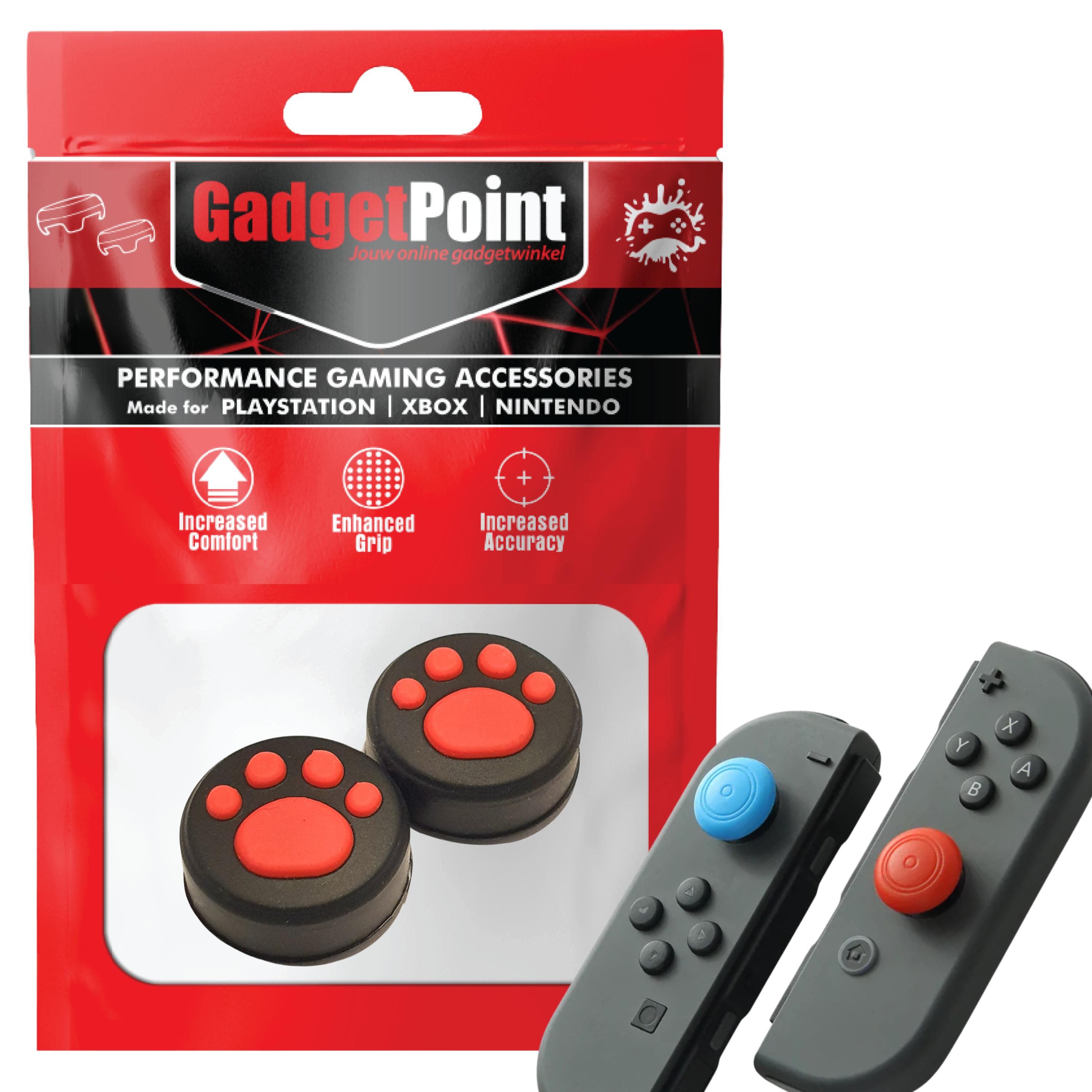 Thumb Grips voor Nintendo Switch Joy-Con Controllers - Gaming Thumbgrips - Performance Thumbsticks - Anti-Slip Joystick Caps - Bescherming Accessoires - Pootjes - Zwart/Rood