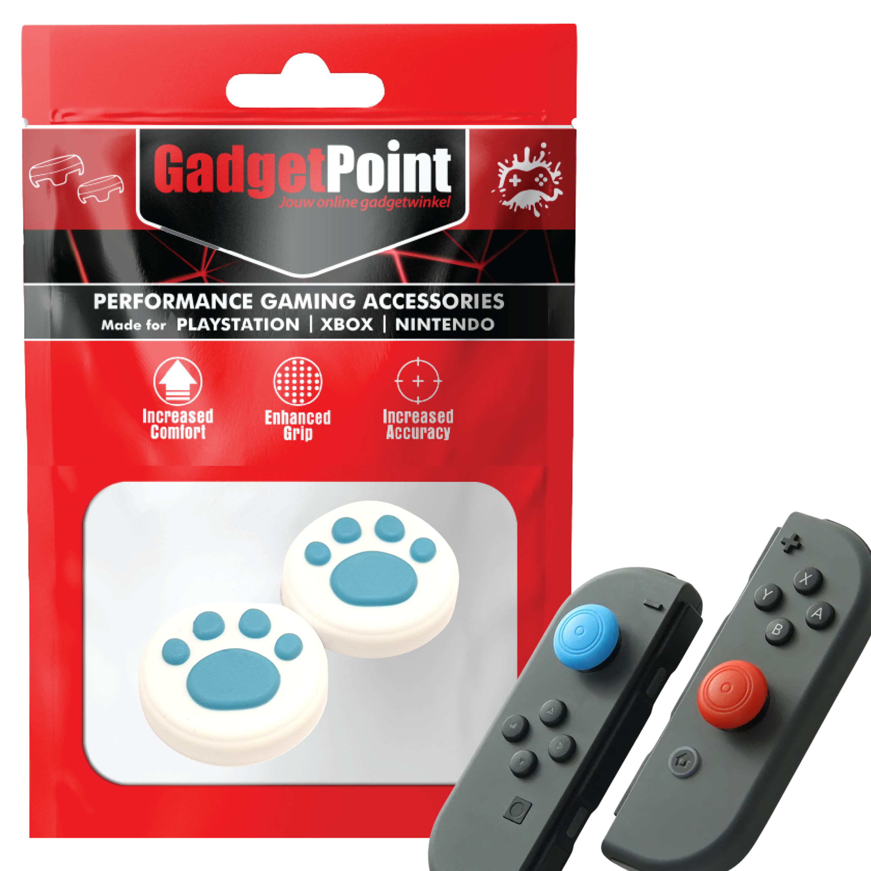 Thumb Grips voor Nintendo Switch Joy-Con Controllers - Gaming Thumbgrips - Performance Thumbsticks - Anti-Slip Joystick Caps - Bescherming Accessoires - Pootjes Wit met Blauw