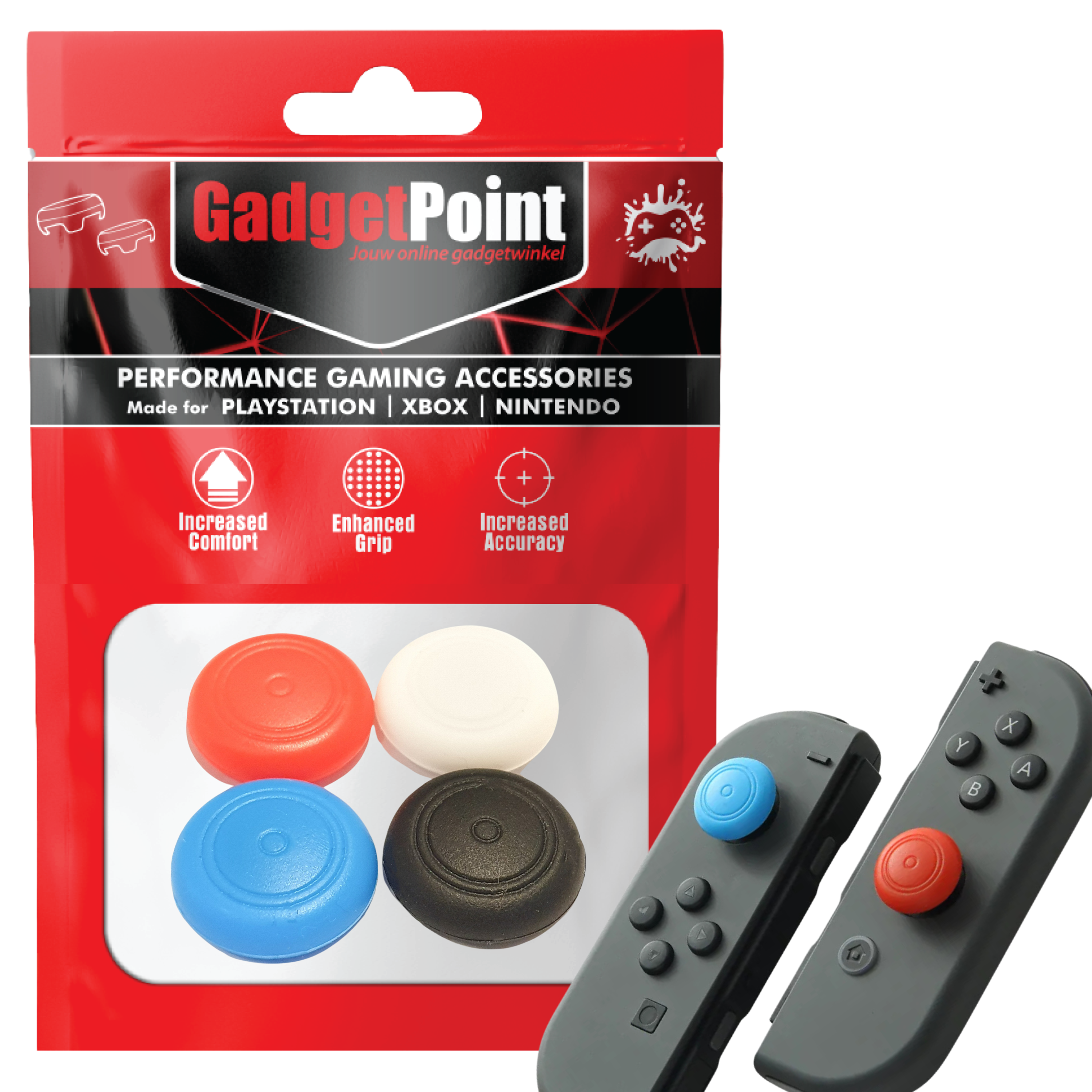 Thumb Grips voor Nintendo Switch Joy-Con Controllers - Gaming Thumbgrips - Performance Thumbsticks - Anti-Slip Joystick Caps - Bescherming Accessoires - Thumbgrips Wit/Blauw/Rood/Zwart