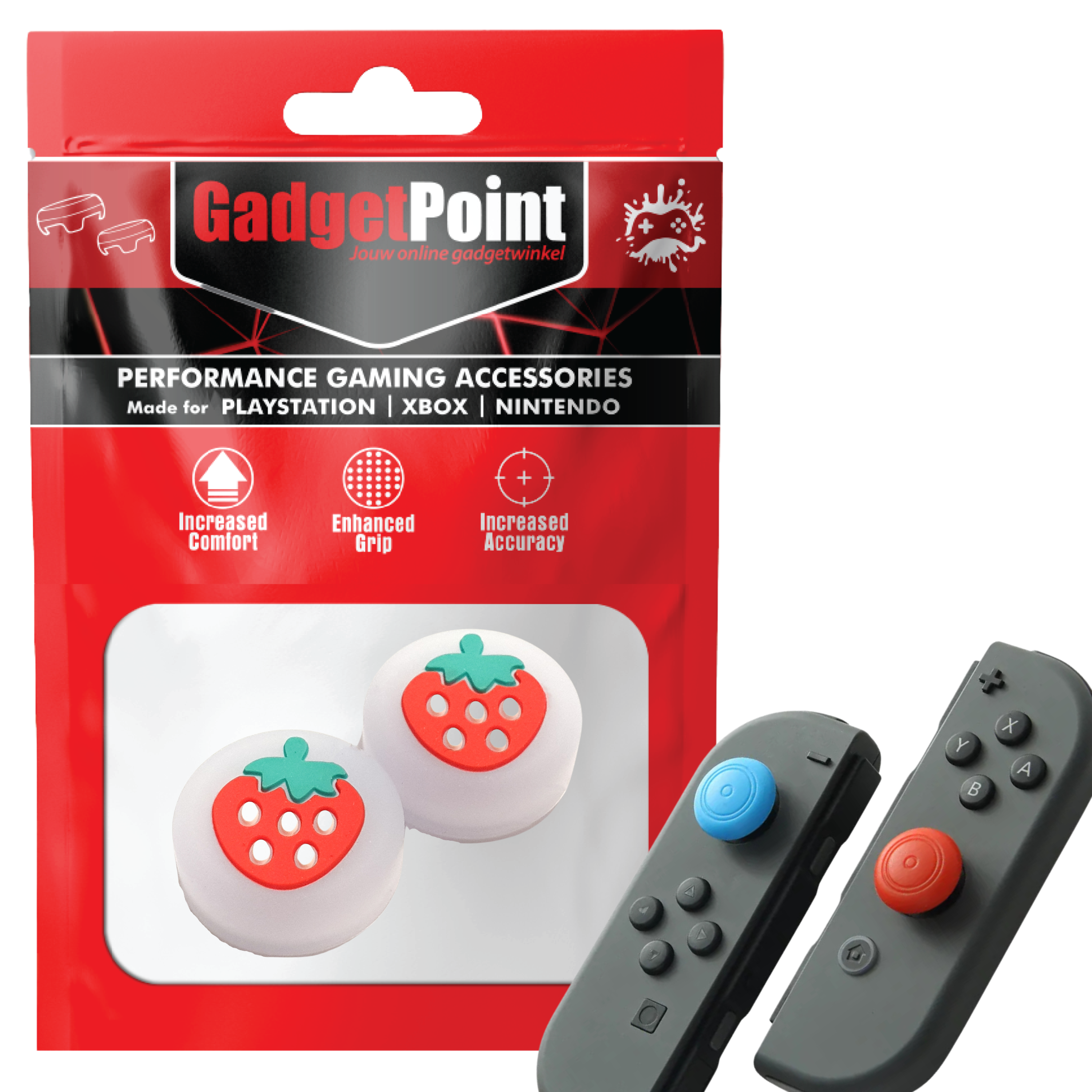 Thumb Grips voor Nintendo Switch Joy-Con Controllers - Gaming Thumbgrips - Performance Thumbsticks - Anti-Slip Joystick Caps - Bescherming Accessoires - Aardbeien - Grijs met Rood