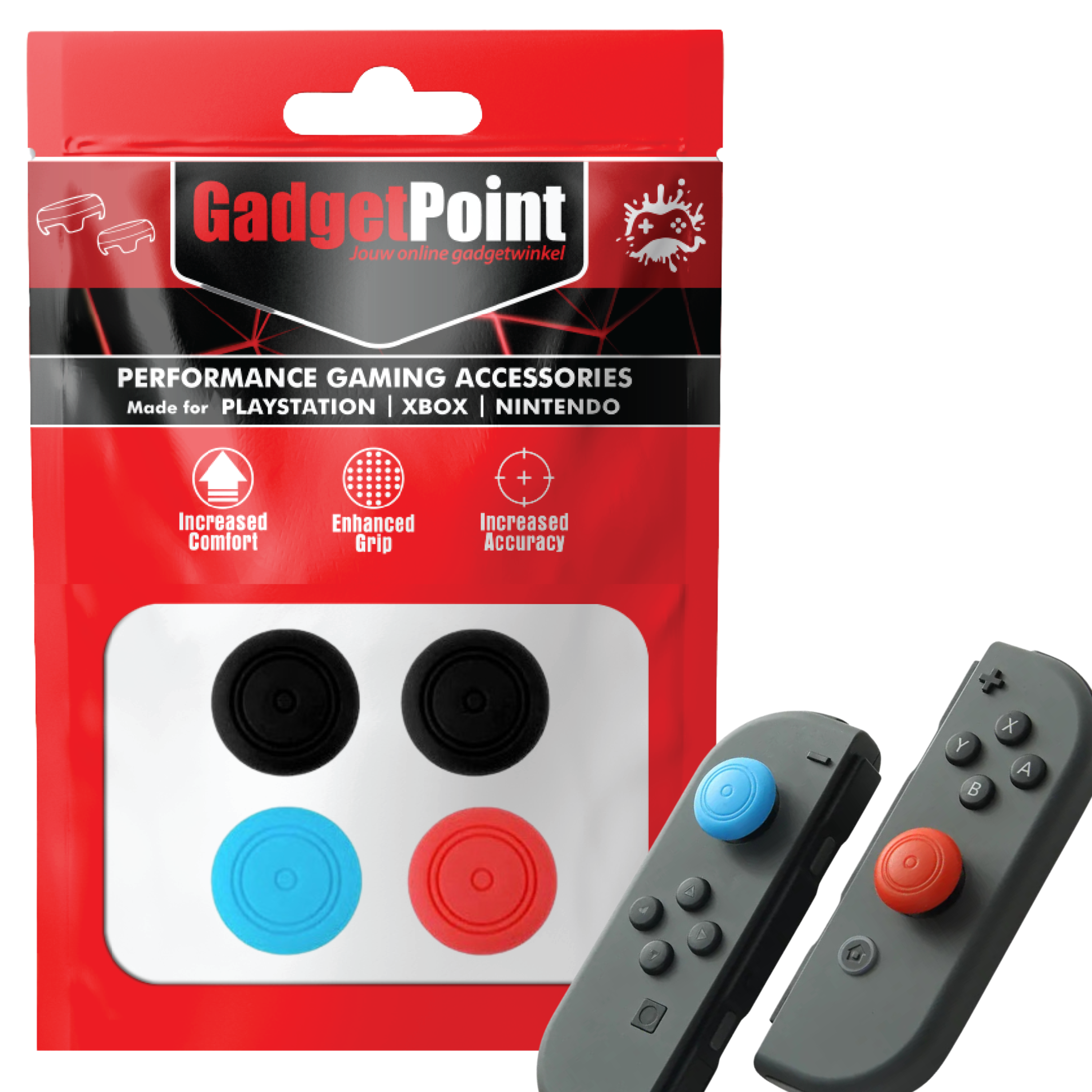 Thumb Grips voor Nintendo Switch Joy-Con Controllers - Gaming Thumbgrips - Performance Thumbsticks - Anti-Slip Joystick Caps - Bescherming Accessoires - Thumbgrips Zwart(2x)/Blauw/Rood