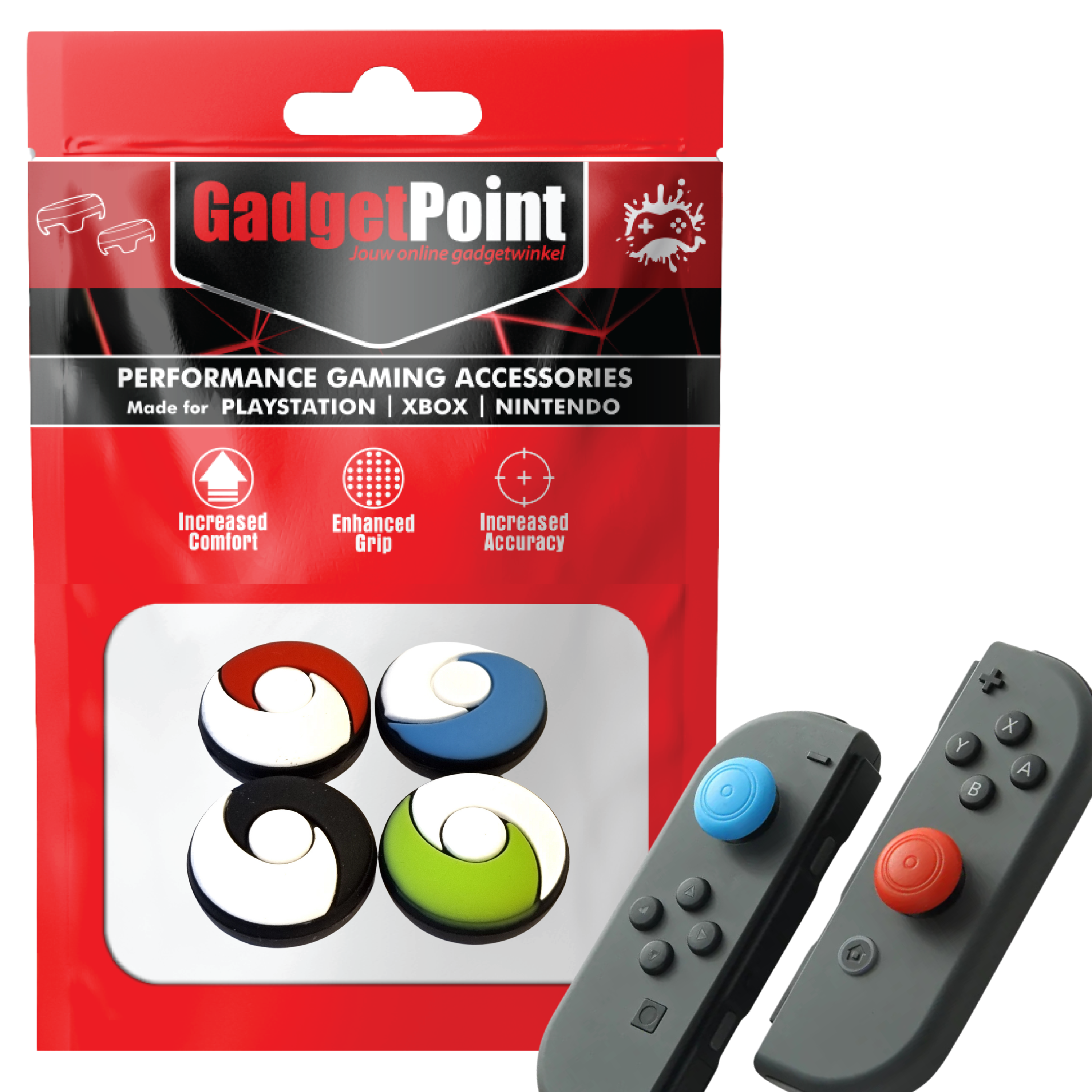 Thumb Grips voor Nintendo Switch Joy-Con Controllers - Gaming Thumbgrips - Performance Thumbsticks - Anti-Slip Joystick Caps - Bescherming Accessoires - Rond - Blauw/Rood/Groen/Zwart