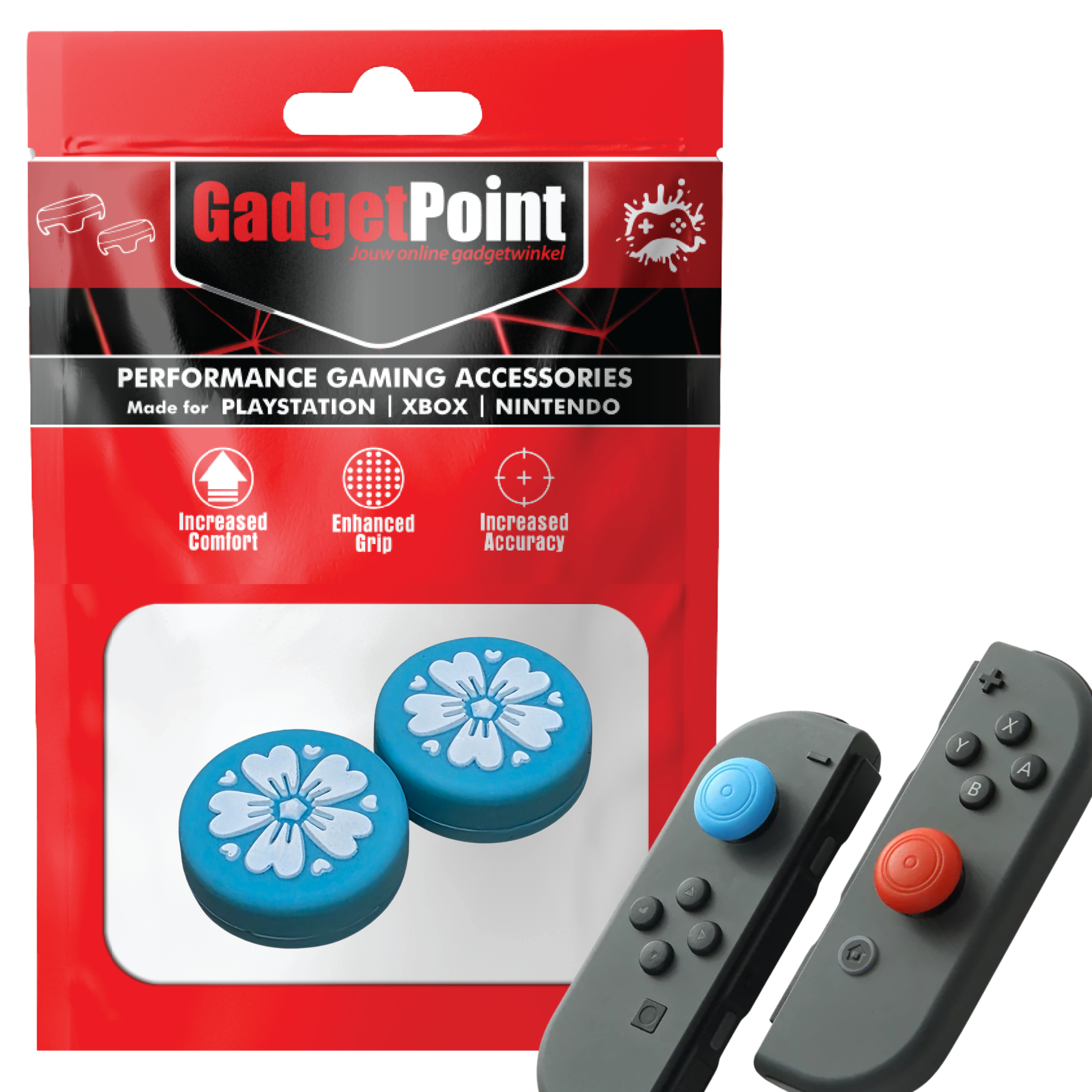 Thumb Grips voor Nintendo Switch Joy-Con Controllers - Gaming Thumbgrips - Performance Thumbsticks - Anti-Slip Joystick Caps - Bescherming Accessoires - Bloemetjes - Blauw met Wit