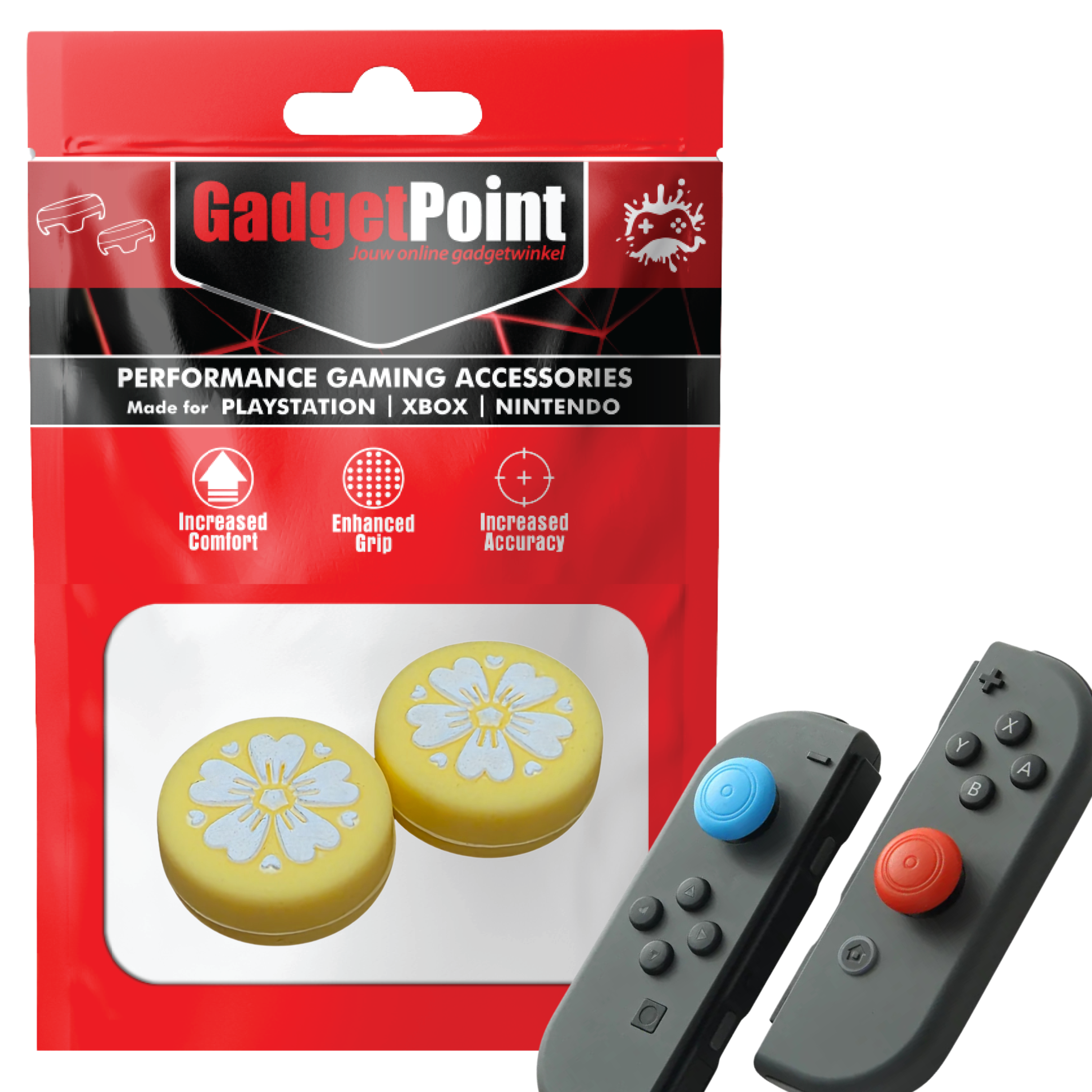 Thumb Grips voor Nintendo Switch Joy-Con Controllers - Gaming Thumbgrips - Performance Thumbsticks - Anti-Slip Joystick Caps - Bescherming Accessoires - Bloemetjes - Geel met Wit