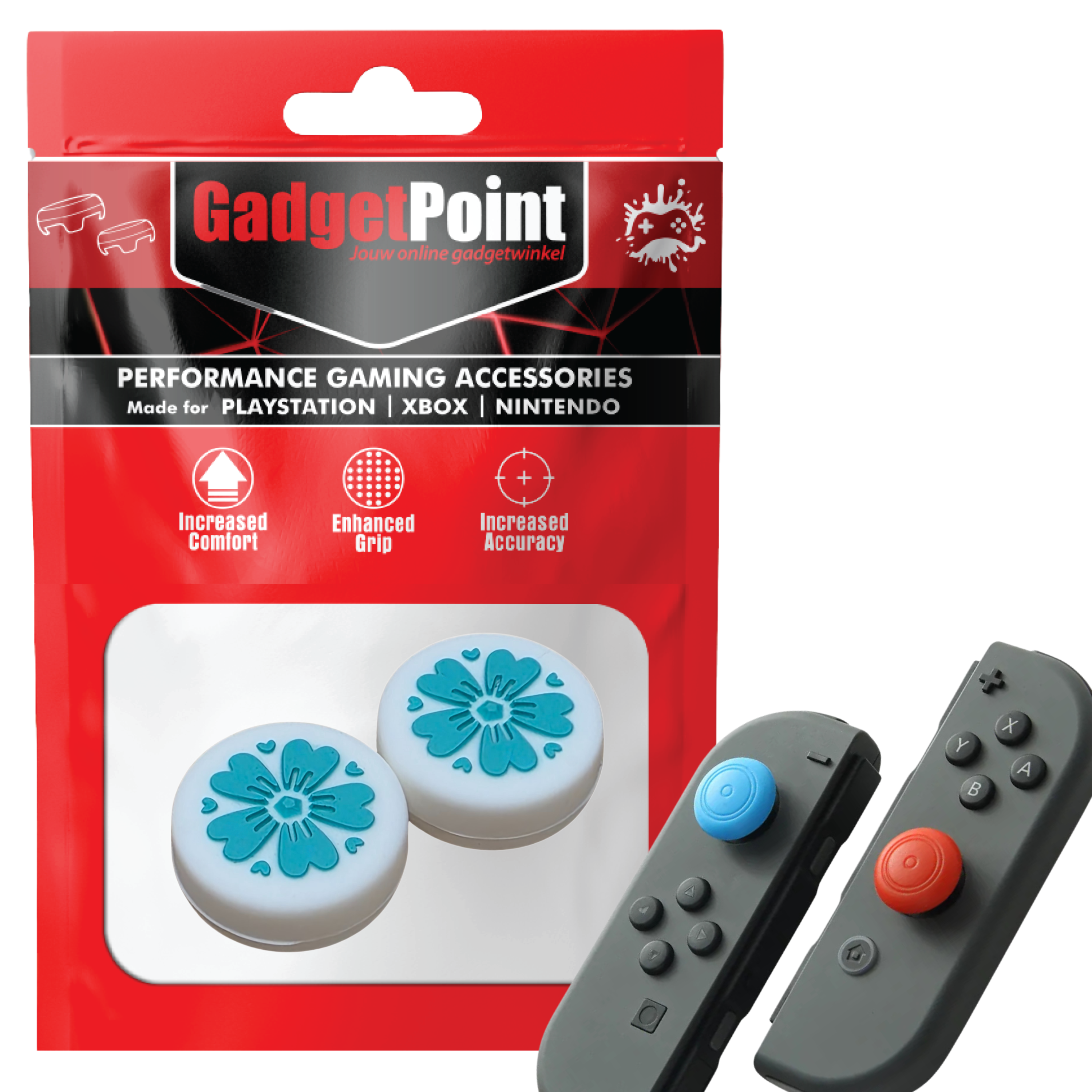 Thumb Grips voor Nintendo Switch Joy-Con Controllers - Gaming Thumbgrips - Performance Thumbsticks - Anti-Slip Joystick Caps - Bescherming Accessoires - Bloemetjes - Wit met Blauw