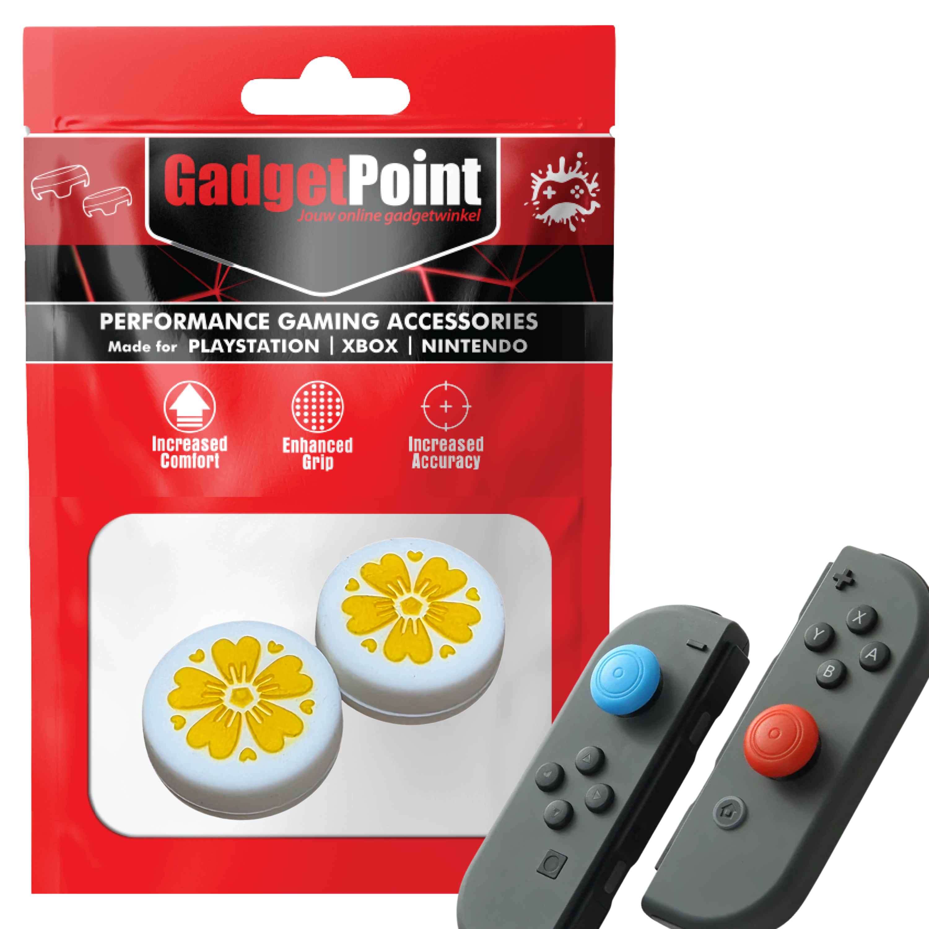 Thumb Grips voor Nintendo Switch Joy-Con Controllers - Gaming Thumbgrips - Performance Thumbsticks - Anti-Slip Joystick Caps - Bescherming Accessoires - Bloemetjes - Wit met Geel