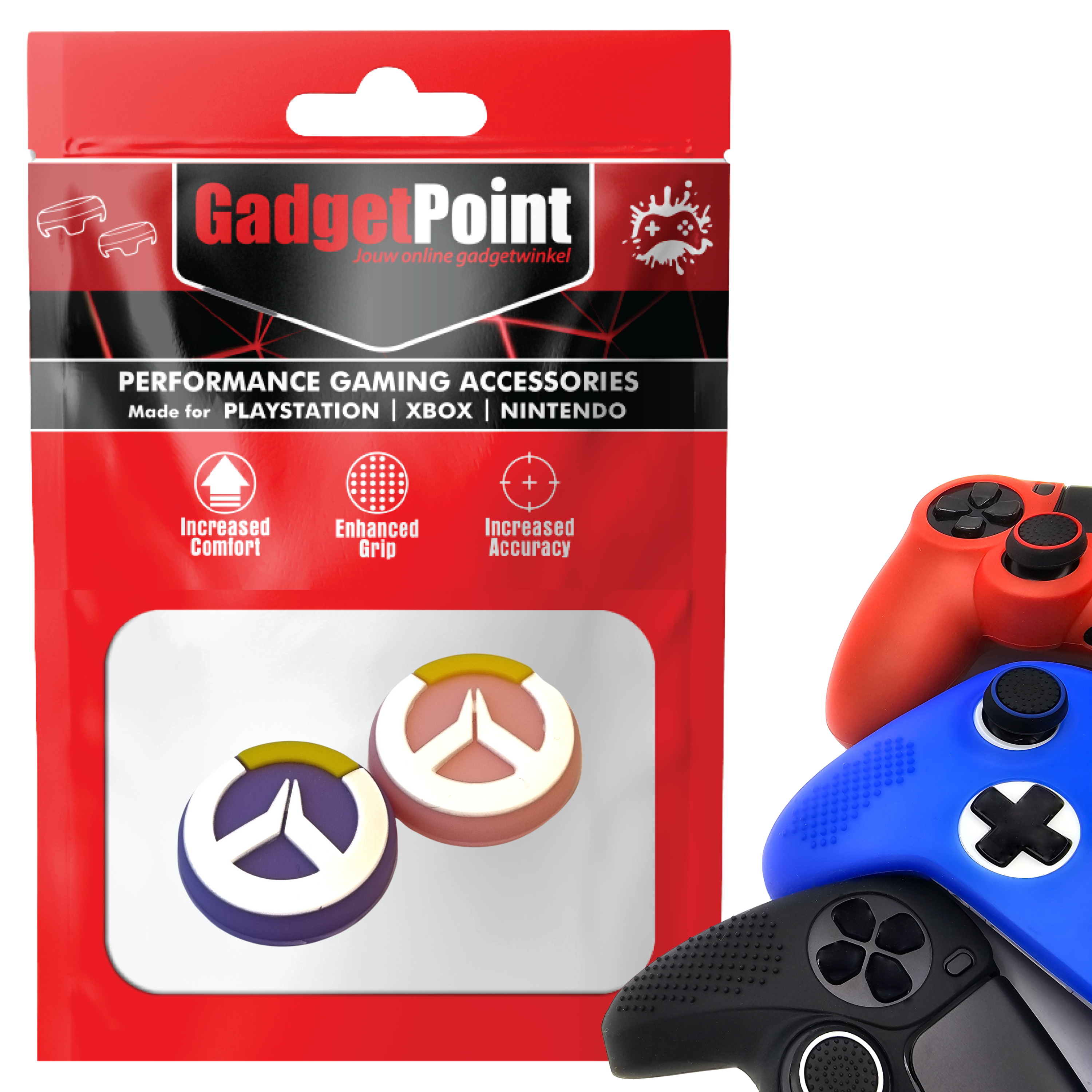 Gaming Thumb Grips | Performance Thumbsticks | Accessoires geschikt voor Playstation (PS4, PS5) & Xbox (360, One, Series X/S) & Nintendo Switch Pro Controller(s) | Thumbgrips | Paars/Roze met Wit/Geel