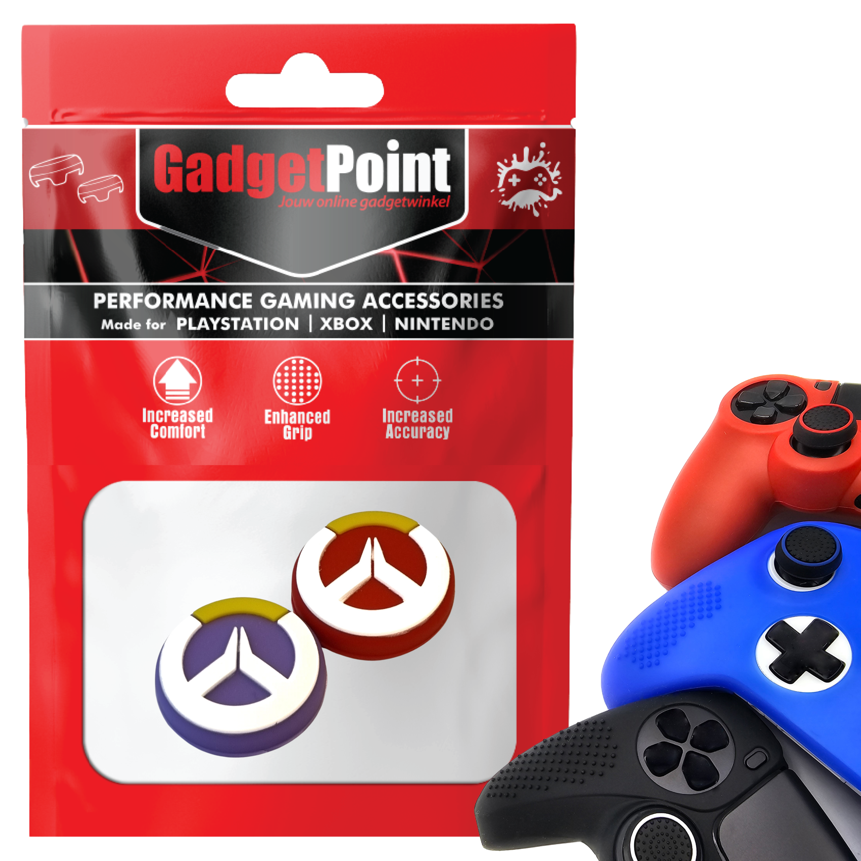 Gaming Thumb Grips | Performance Thumbsticks | Accessoires geschikt voor Playstation (PS4, PS5) & Xbox (360, One, Series X/S) & Nintendo Switch Pro Controller(s) | Thumbgrips | Paars/Rood met Wit/Geel