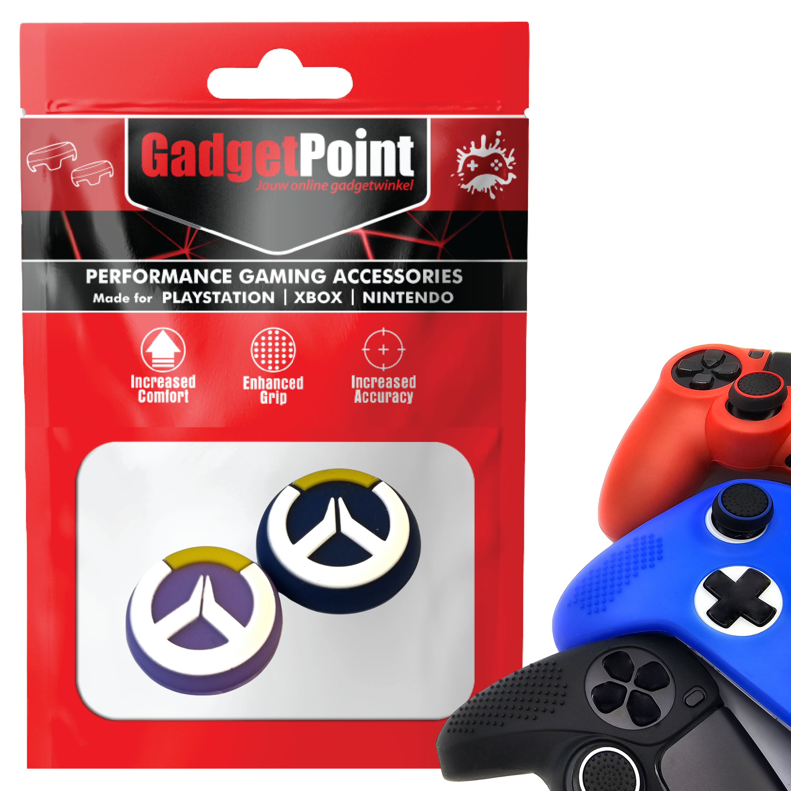 Gaming Thumb Grips | Performance Thumbsticks | Accessoires geschikt voor Playstation (PS4, PS5) & Xbox (360, One, Series X/S) & Nintendo Switch Pro Controller(s) | Thumbgrips | Paars/Blauw met Wit/Geel