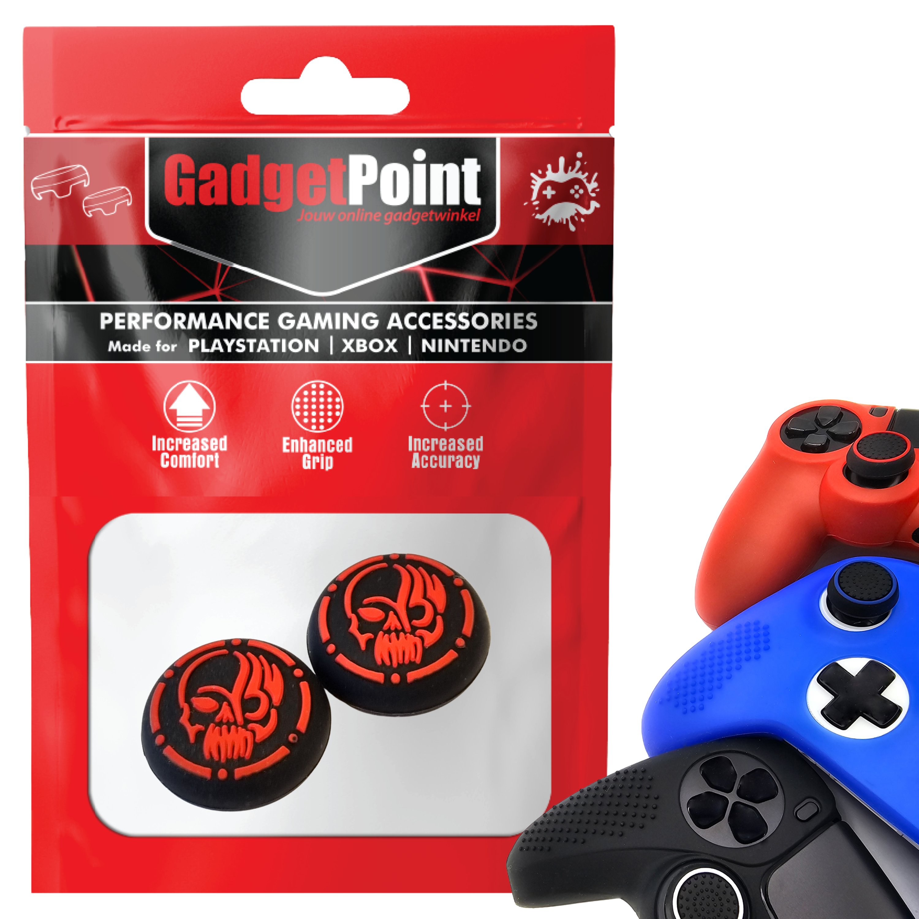 Thumb Grips for PS5, PS4, PlayStation, Xbox Series X/S, One, 360 & Nintendo Switch Pro Controller - Gaming Thumbgrips - Performance Thumbsticks - Anti-Slip Joystick Caps - Protection Accessories - Skull - Black with Red