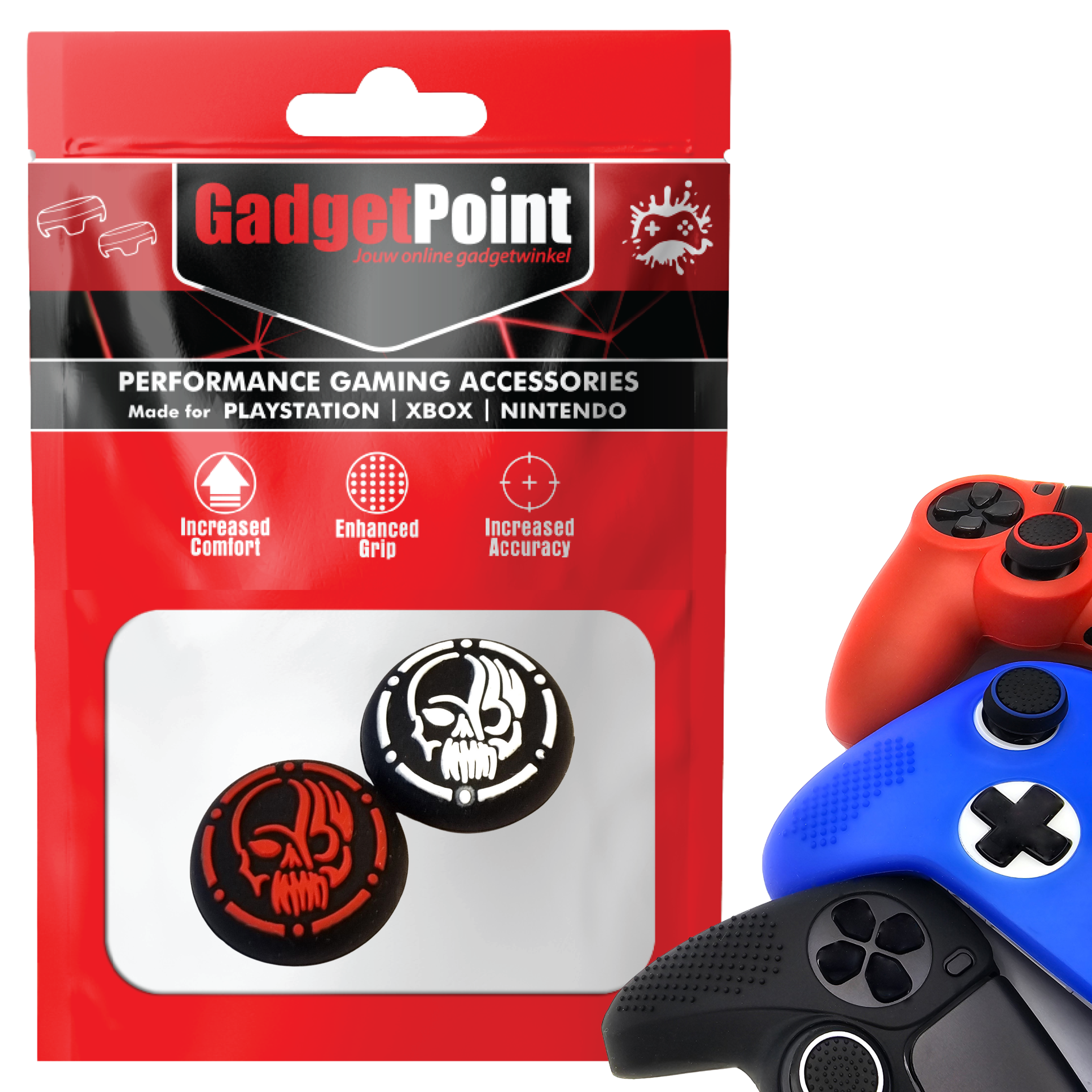 Thumb Grips voor PS5, PS4, PlayStation, Xbox Series X/S, One, 360 & Nintendo Switch Pro Controller - Gaming Thumbgrips - Performance Thumbsticks - Anti-Slip Joystick Caps - Bescherming Accessoires - Skull - Rood/Wit