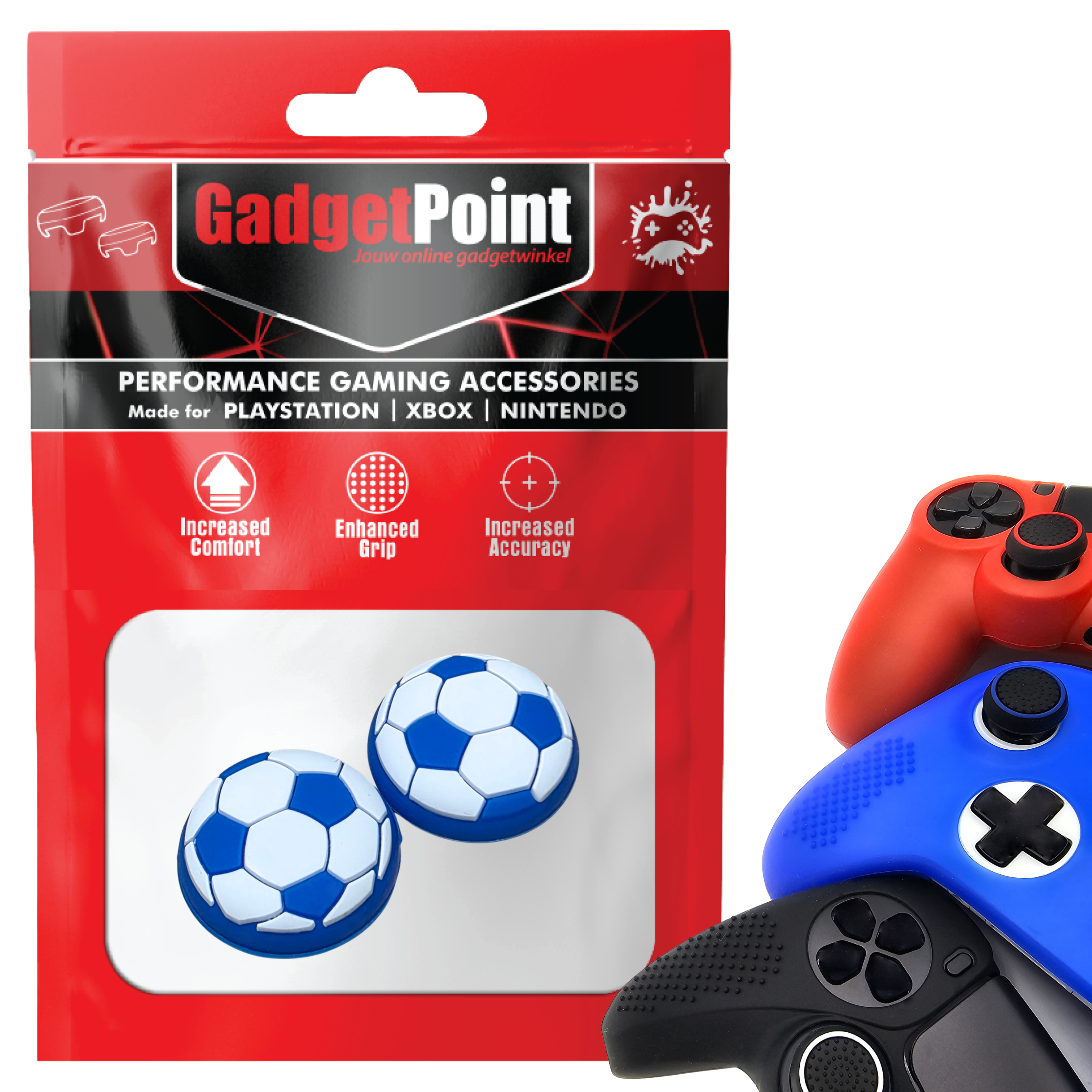 Thumb Grips voor PS5, PS4, PlayStation, Xbox Series X/S, One, 360 & Nintendo Switch Pro Controller - Gaming Thumbgrips - Performance Thumbsticks - Anti-Slip Joystick Caps - Bescherming Accessoires - Voetbal - Blauw met Wit