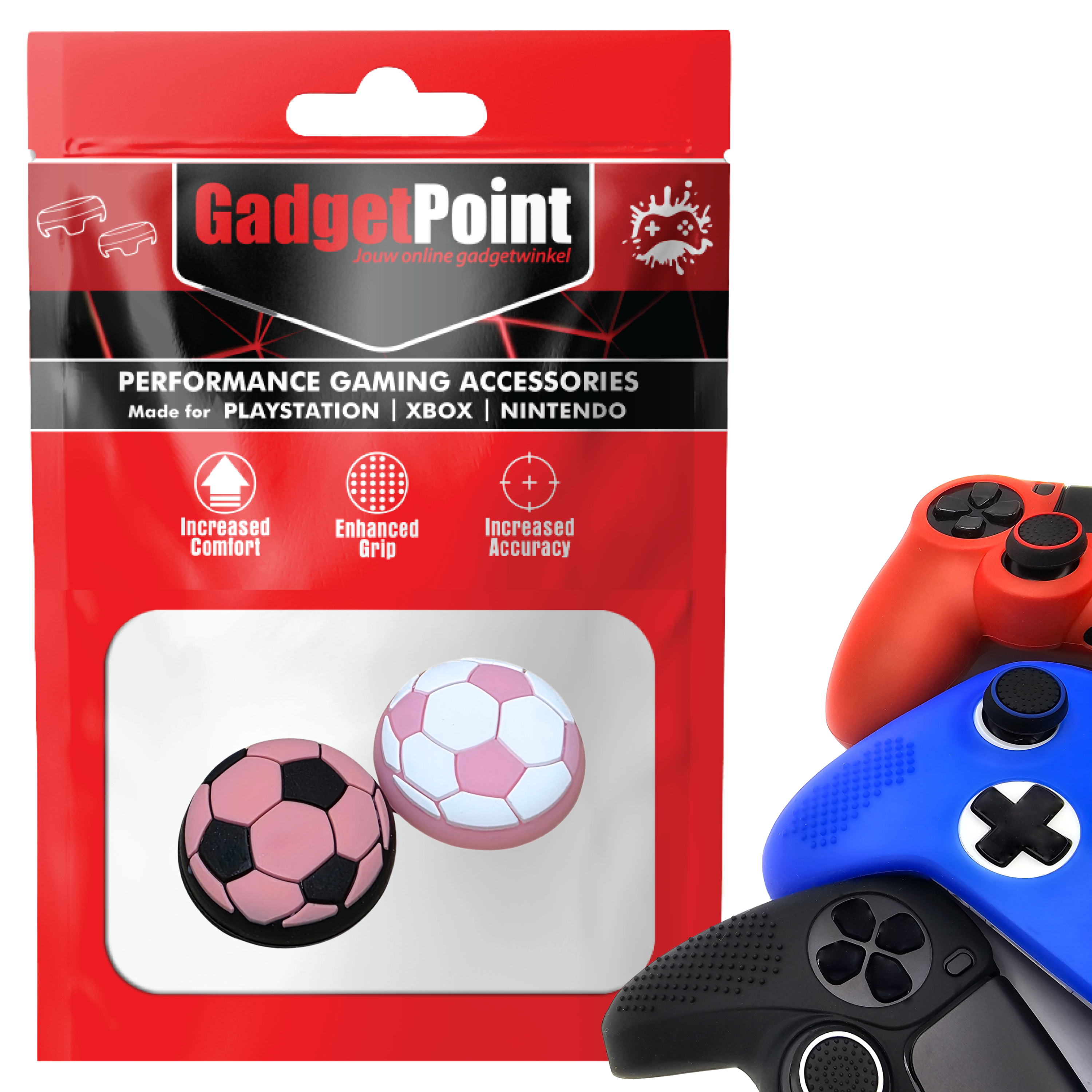 Thumb Grips voor PS5, PS4, PlayStation, Xbox Series X/S, One, 360 & Nintendo Switch Pro Controller - Gaming Thumbgrips - Performance Thumbsticks - Anti-Slip Joystick Caps - Bescherming Accessoires - Voetbal - Roze Zwart Wit