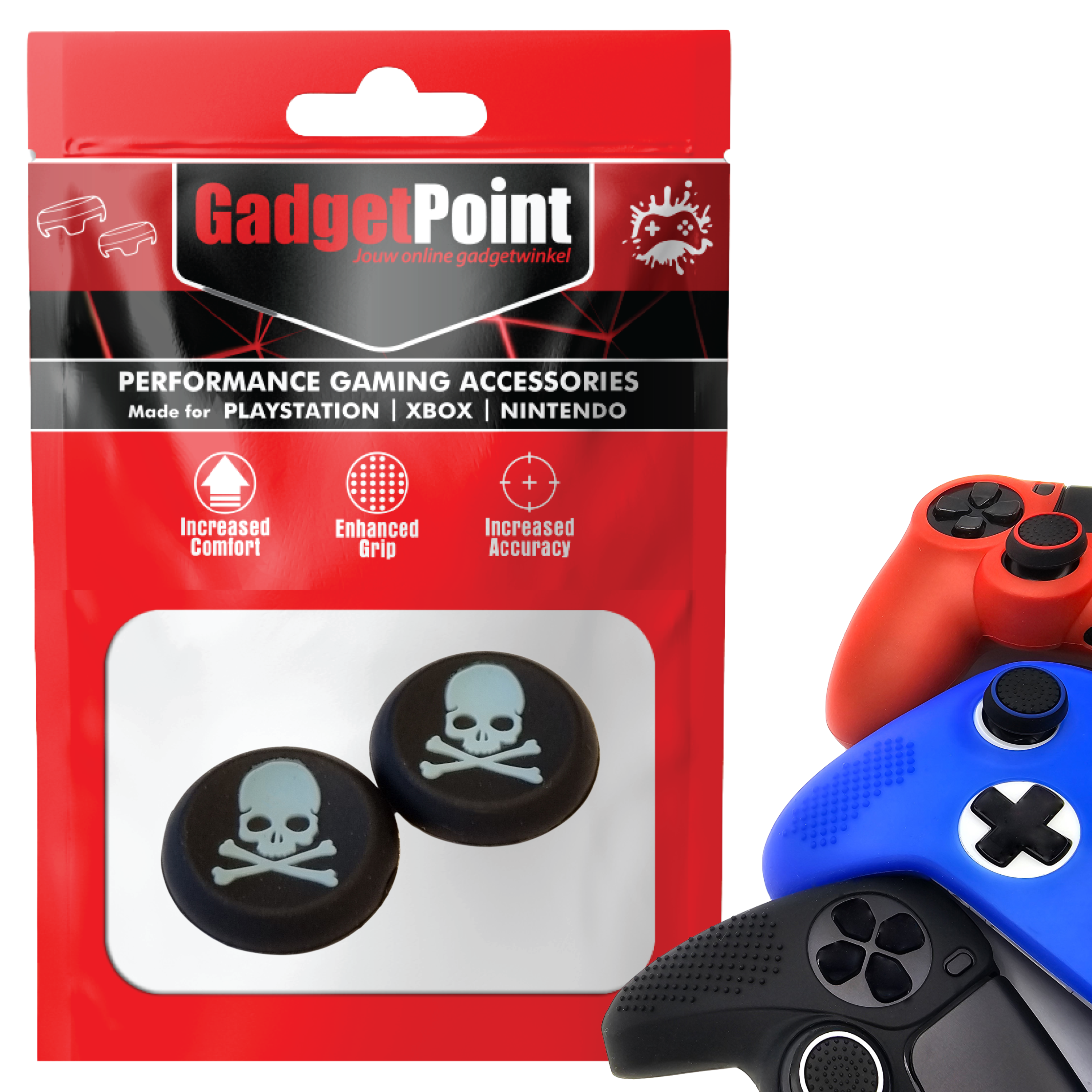 Thumb Grips voor PS5, PS4, PlayStation, Xbox Series X/S, One, 360 & Nintendo Switch Pro Controller - Gaming Thumbgrips - Performance Thumbsticks - Anti-Slip Joystick Caps - Bescherming Accessoires - Skelet - Zwart met Blauw