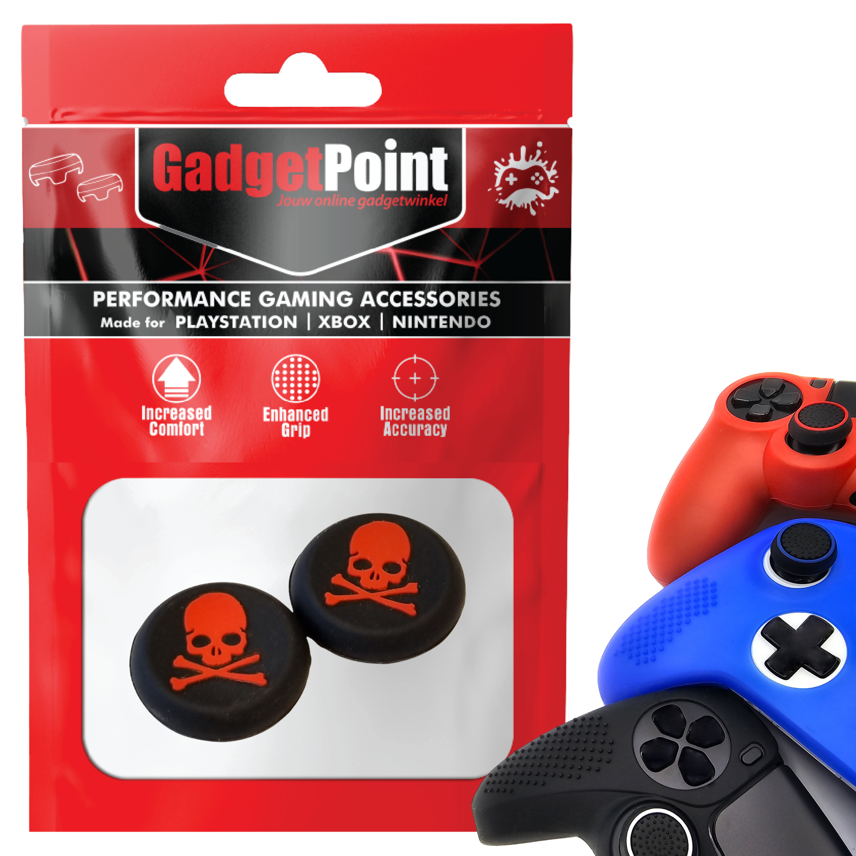 Thumb Grips voor PS5, PS4, PlayStation, Xbox Series X/S, One, 360 & Nintendo Switch Pro Controller - Gaming Thumbgrips - Performance Thumbsticks - Anti-Slip Joystick Caps - Bescherming Accessoires - Skelet - Zwart met Rood