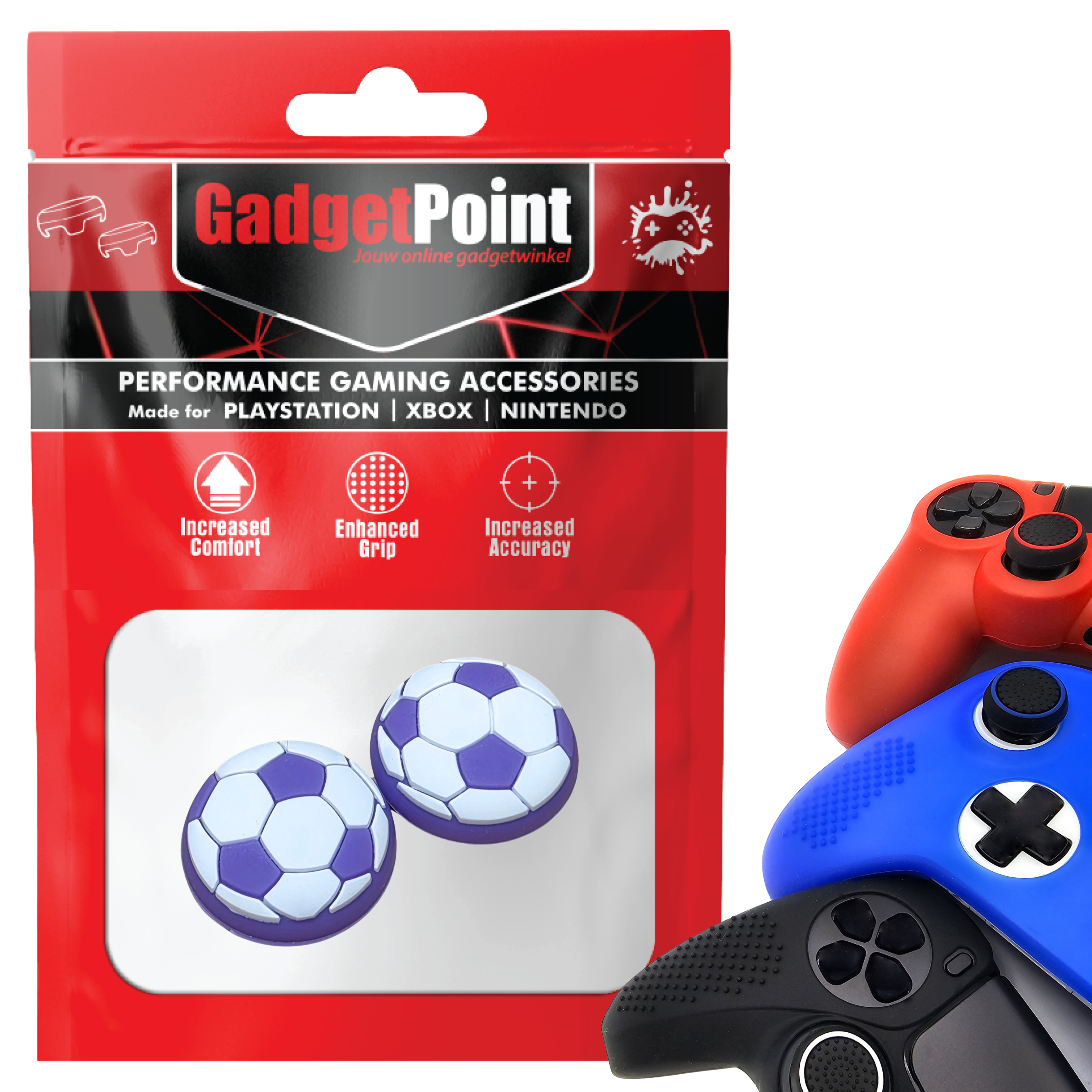 Thumb Grips voor PS5, PS4, PlayStation, Xbox Series X/S, One, 360 & Nintendo Switch Pro Controller - Gaming Thumbgrips - Performance Thumbsticks - Anti-Slip Joystick Caps - Bescherming Accessoires - Voetbal - Wit met Paars
