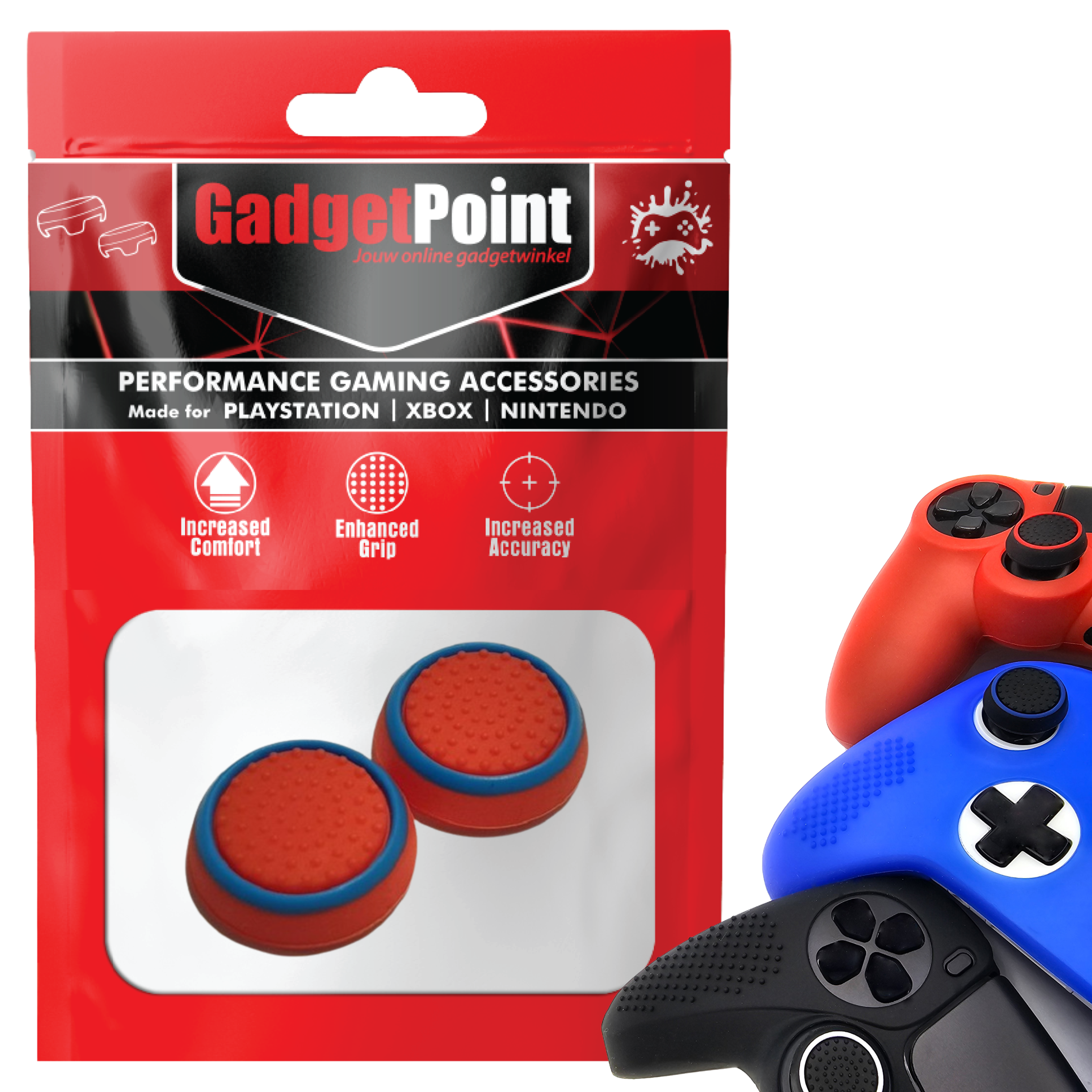 Thumb Grips voor PS5, PS4, PlayStation, Xbox Series X/S, One, 360 & Nintendo Switch Pro Controller - Gaming Thumbgrips - Performance Thumbsticks - Anti-Slip Joystick Caps - Bescherming Accessoires - Rood met blauwe cirkel