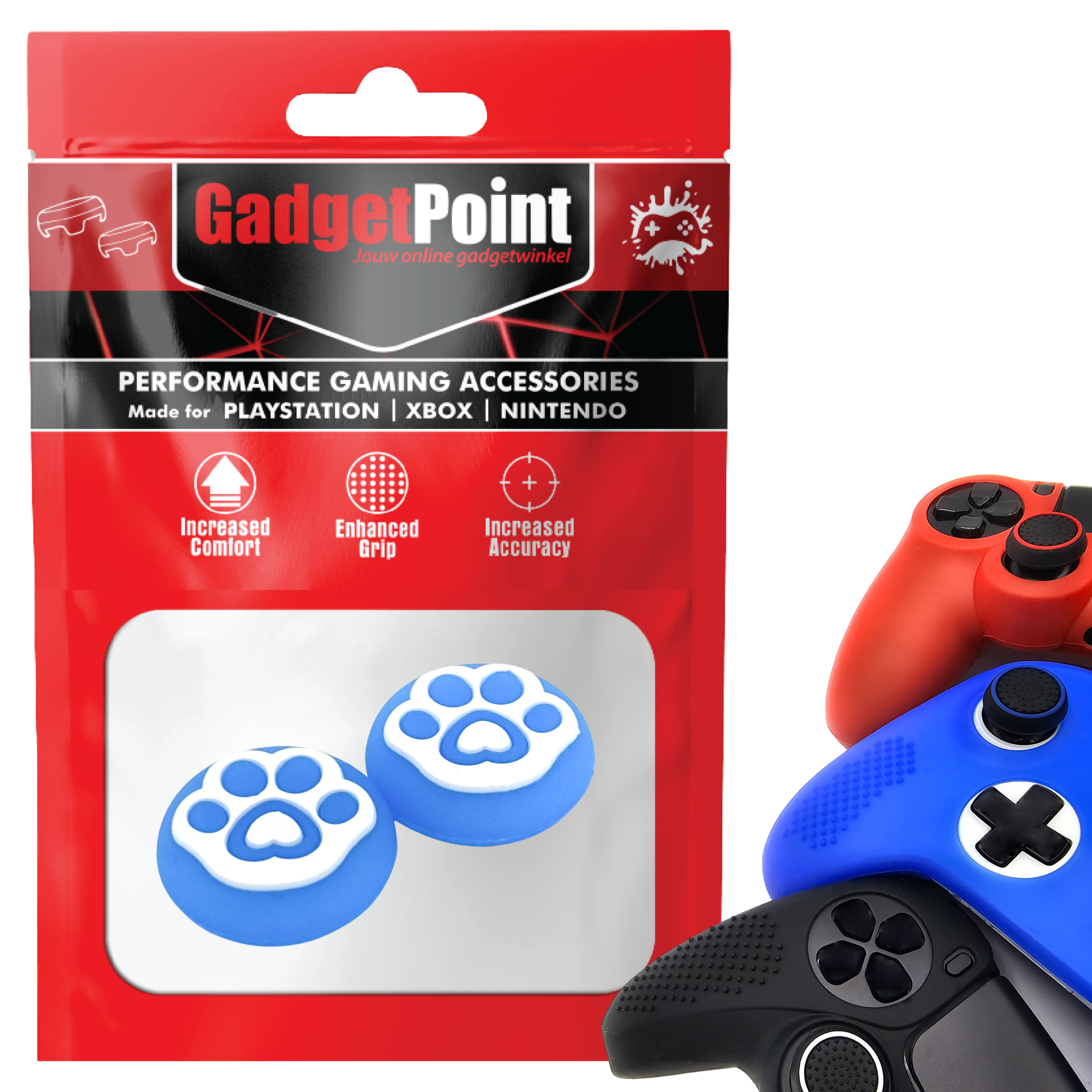 Thumb Grips voor PS5, PS4, PlayStation, Xbox Series X/S, One, 360 & Nintendo Switch Pro Controller - Gaming Thumbgrips - Performance Thumbsticks - Anti-Slip Joystick Caps - Bescherming Accessoires - Pootjes - Blauw met Wit