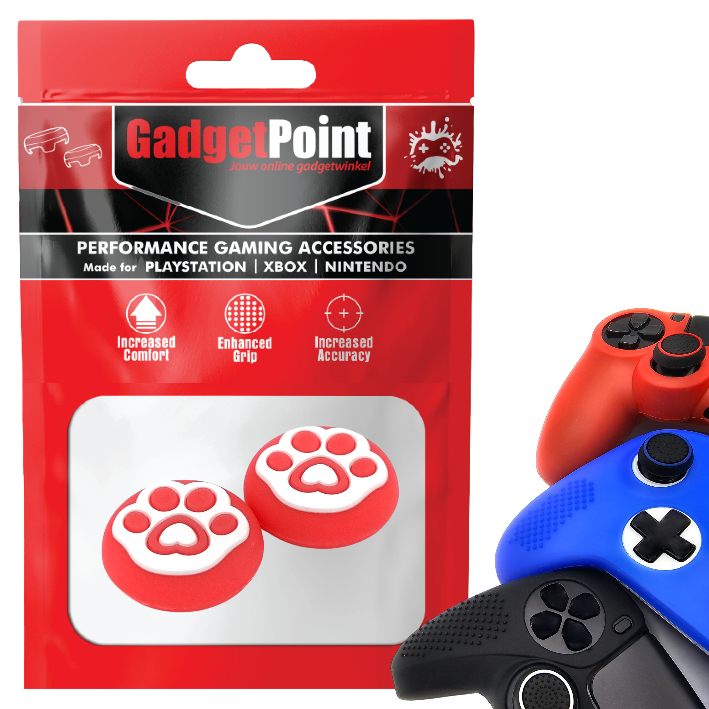 Thumb Grips voor PS5, PS4, PlayStation, Xbox Series X/S, One, 360 & Nintendo Switch Pro Controller - Gaming Thumbgrips - Performance Thumbsticks - Anti-Slip Joystick Caps - Bescherming Accessoires - Pootjes - Rood met Wit