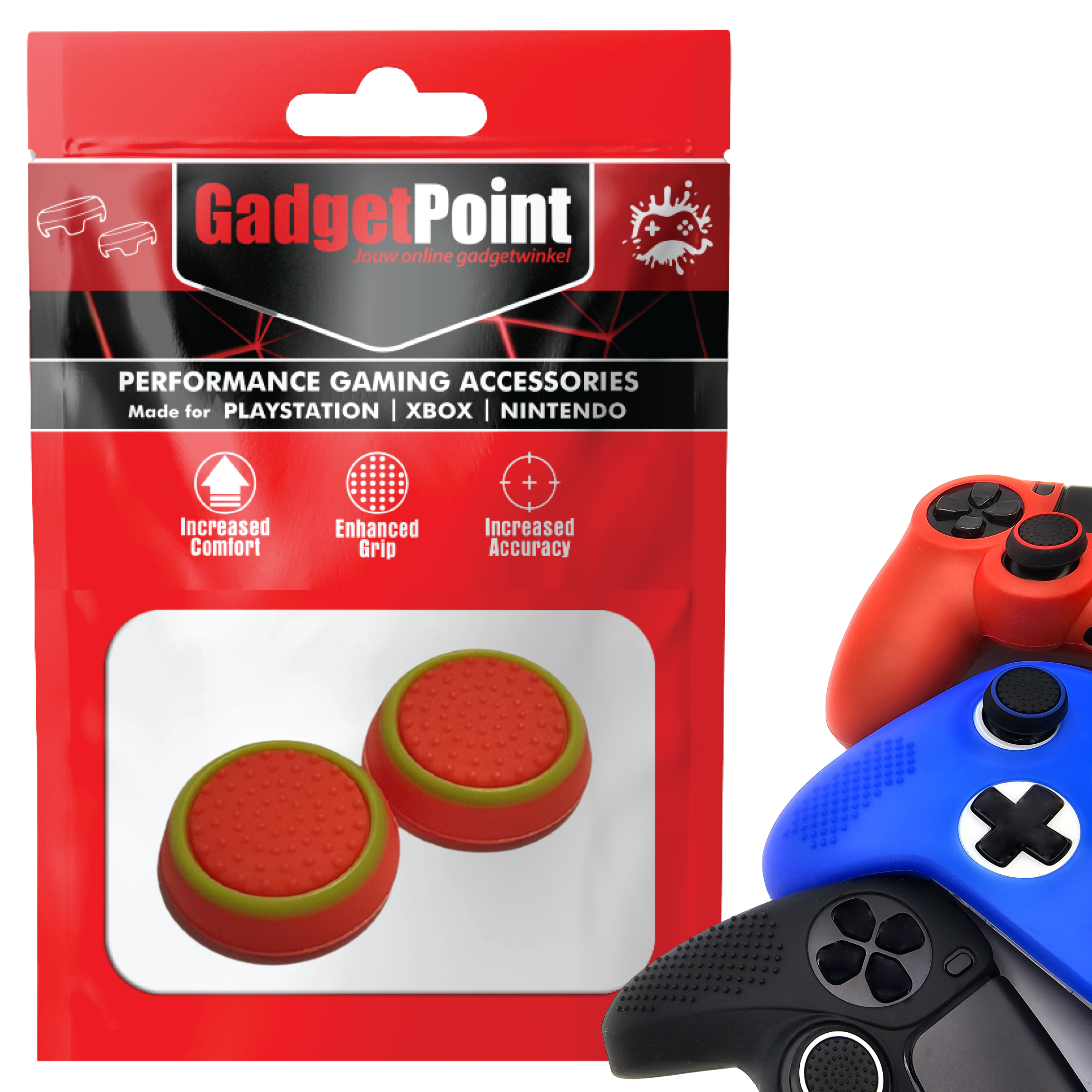 Thumb Grips voor PS5, PS4, PlayStation, Xbox Series X/S, One, 360 & Nintendo Switch Pro Controller - Gaming Thumbgrips - Performance Thumbsticks - Anti-Slip Joystick Caps - Bescherming Accessoires - Rood met groene cirkel