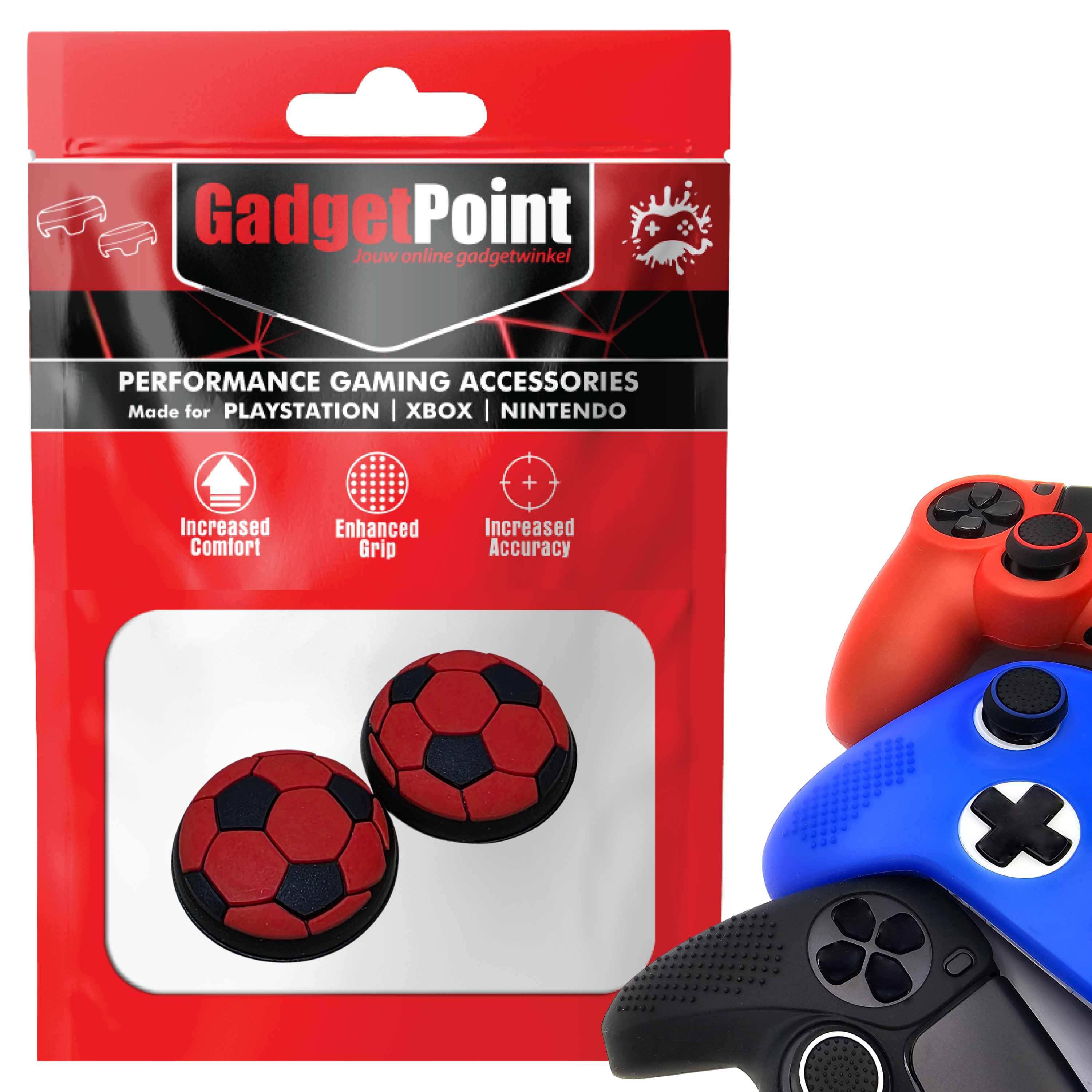 Thumb Grips voor PS5, PS4, PlayStation, Xbox Series X/S, One, 360 & Nintendo Switch Pro Controller - Gaming Thumbgrips - Performance Thumbsticks - Anti-Slip Joystick Caps - Bescherming Accessoires - Voetbal - Rood met Zwart