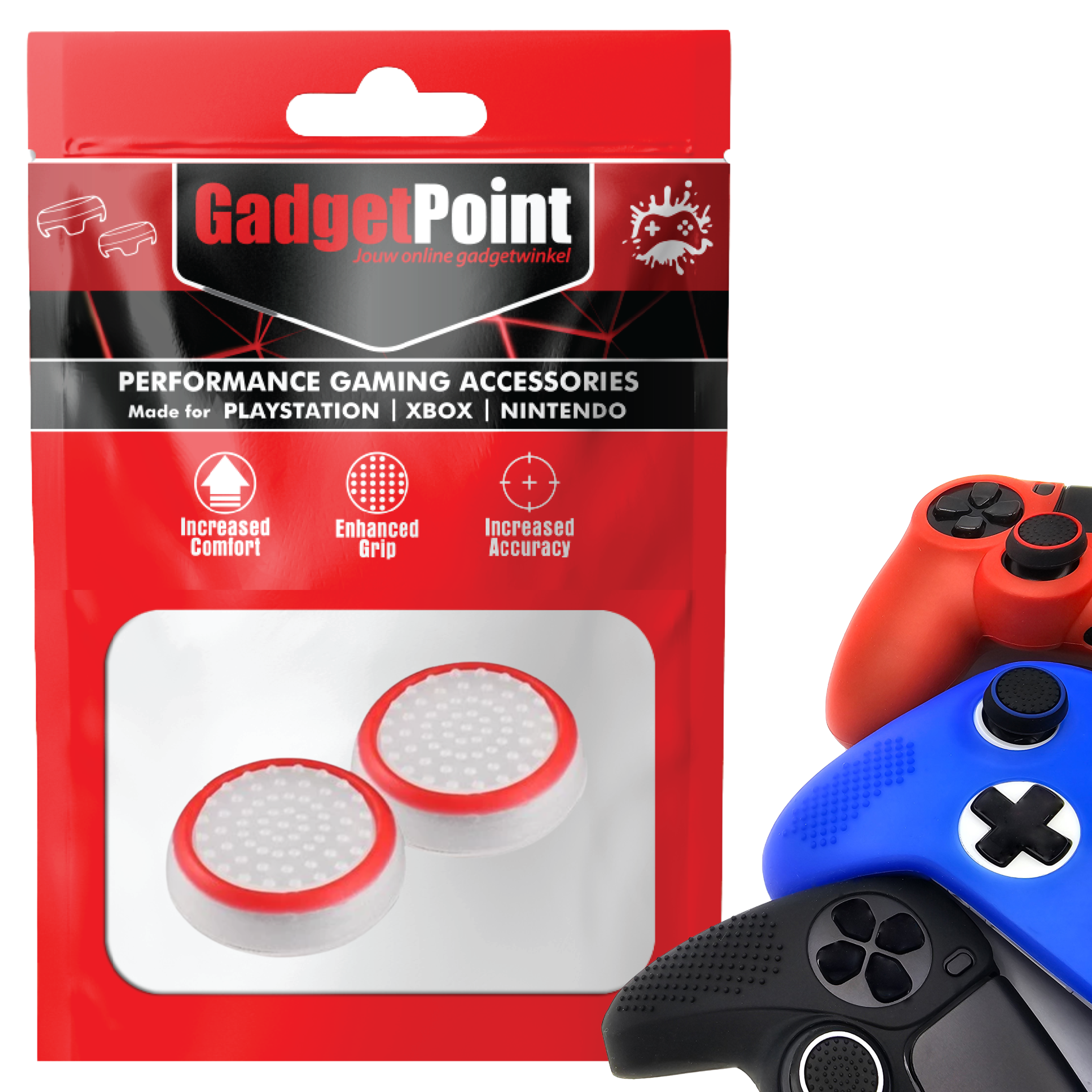 Thumb Grips voor PS5, PS4, PlayStation, Xbox Series X/S, One, 360 & Nintendo Switch Pro Controller - Gaming Thumbgrips - Performance Thumbsticks - Anti-Slip Joystick Caps - Bescherming Accessoires - Wit met Rood