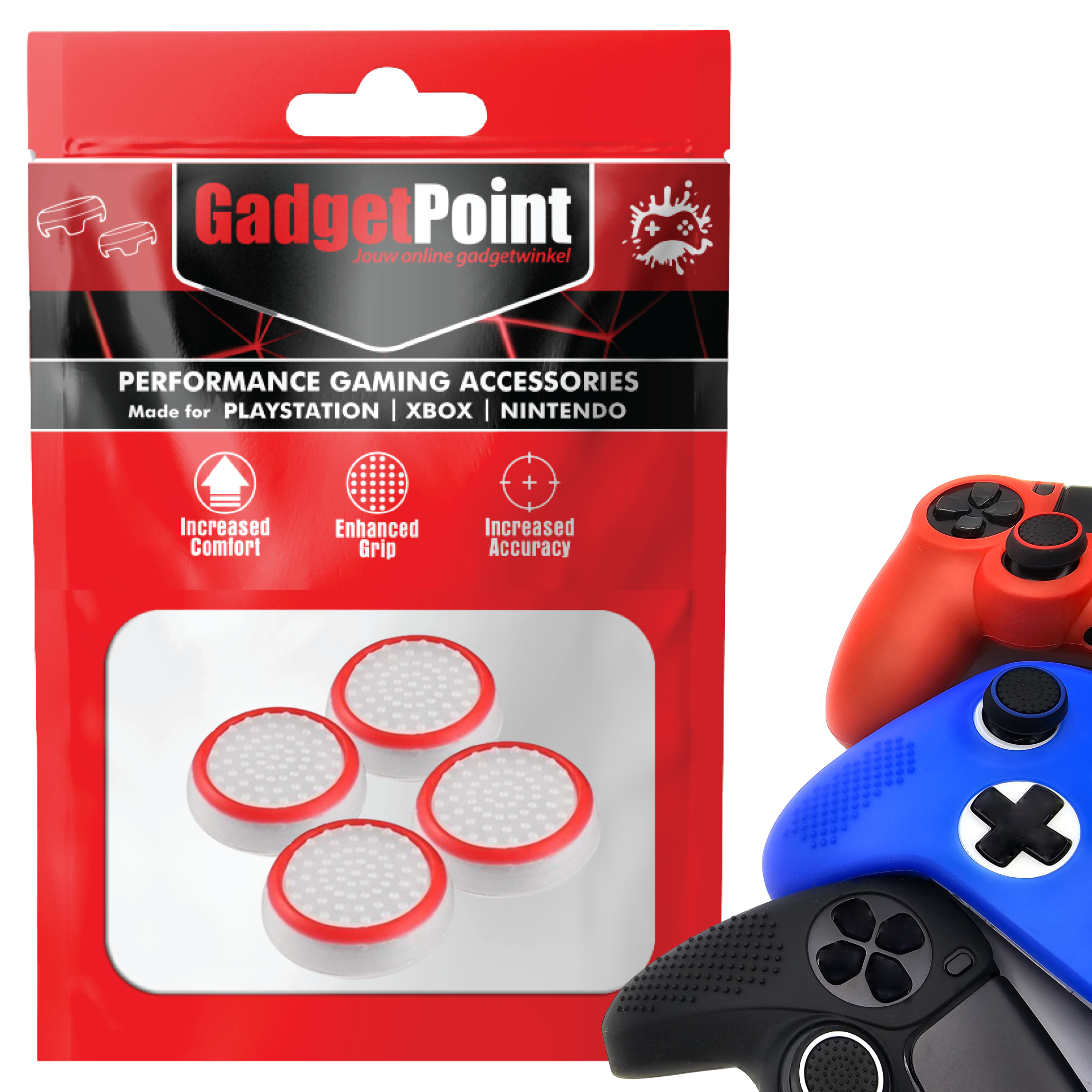 Thumb Grips voor PS5, PS4, PlayStation, Xbox Series X/S, One, 360 & Nintendo Switch Pro Controller - Gaming Thumbgrips - Performance Thumbsticks - Anti-Slip Joystick Caps - Bescherming Accessoires - Wit met Rood
