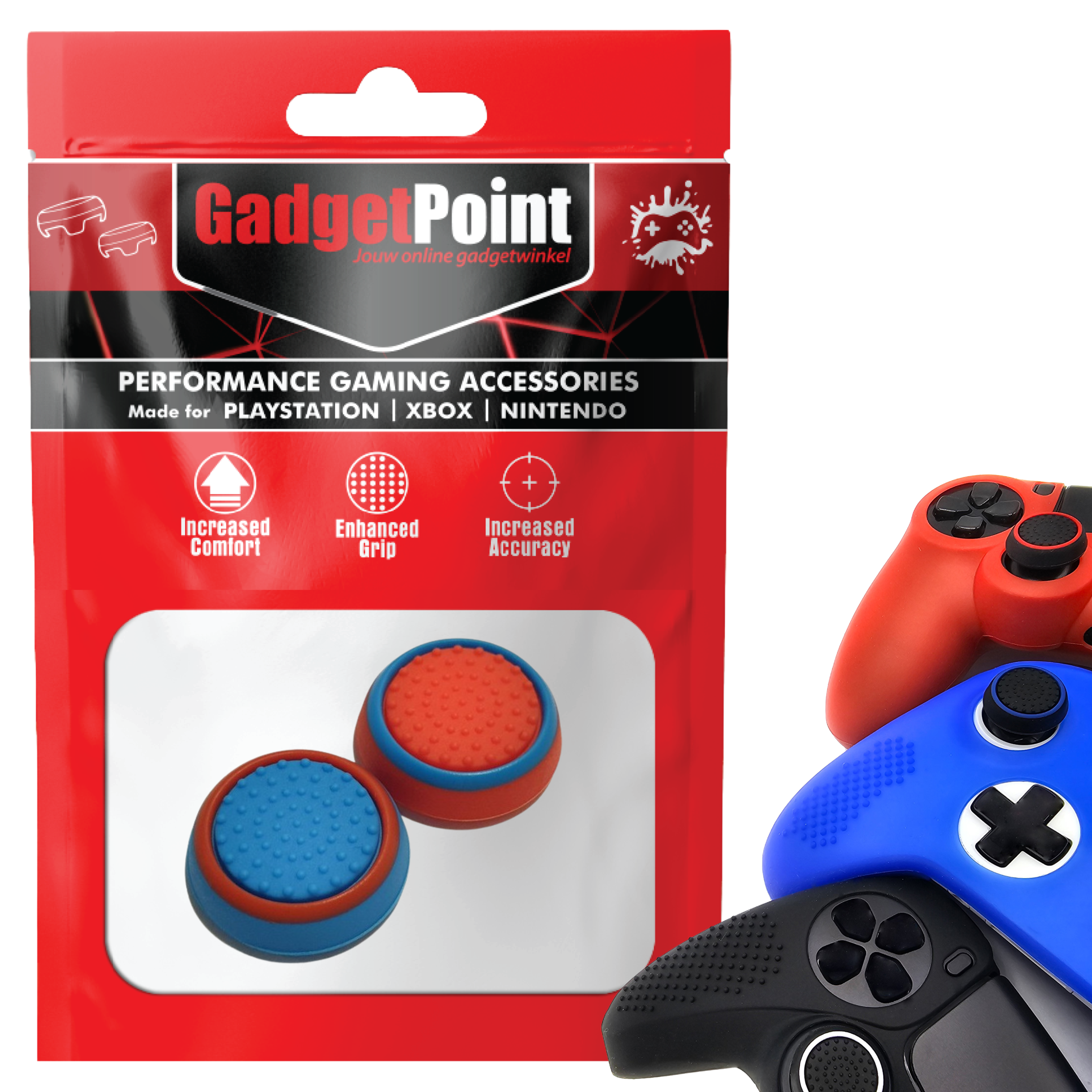 Thumb Grips voor PS5, PS4, PlayStation, Xbox Series X/S, One, 360 & Nintendo Switch Pro Controller - Gaming Thumbgrips - Performance Thumbsticks - Anti-Slip Joystick Caps - Bescherming Accessoires - Blauw en Rood