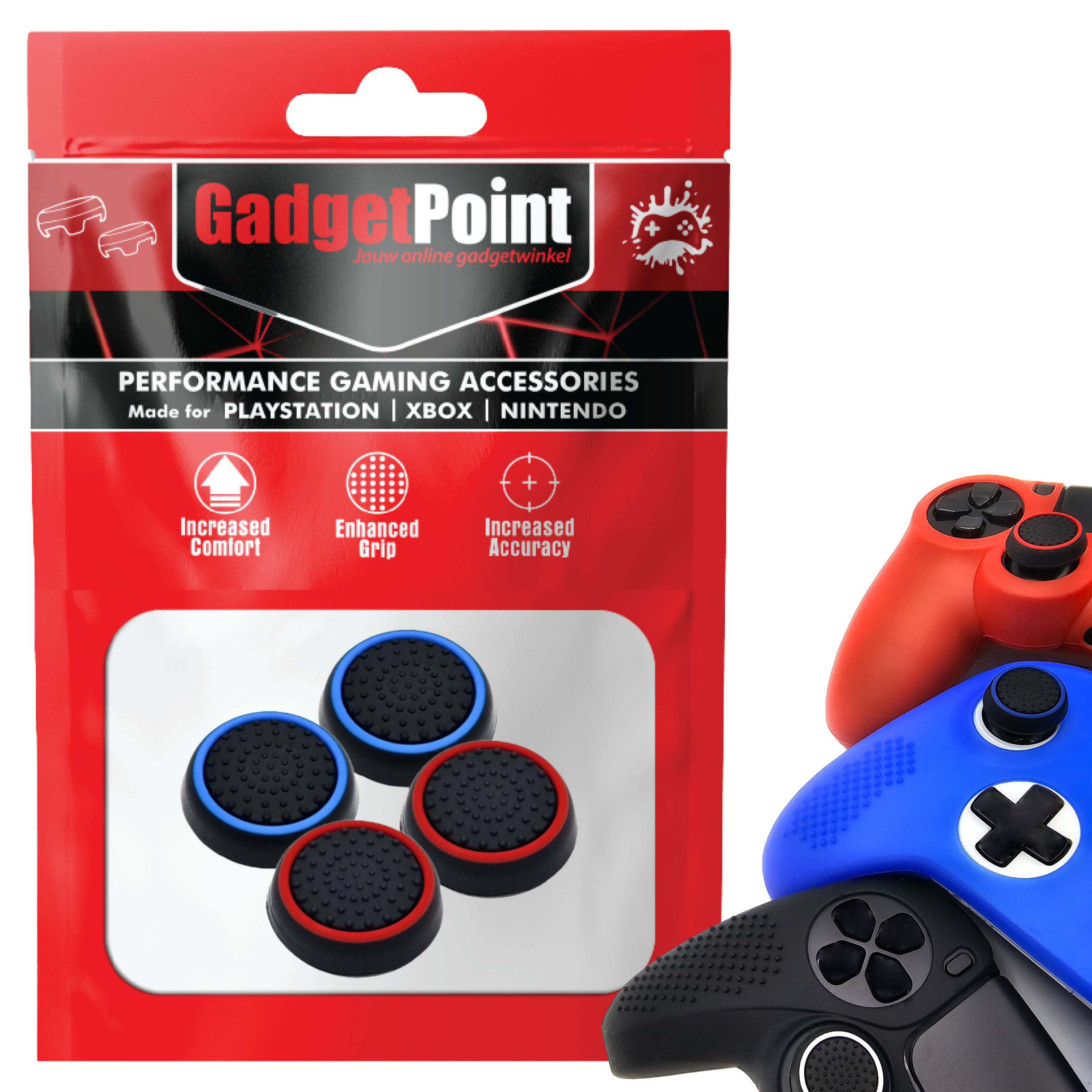 Thumb Grips voor PS5, PS4, PlayStation, Xbox Series X/S, One, 360 & Nintendo Switch Pro Controller - Gaming Thumbgrips - Performance Thumbsticks - Anti-Slip Joystick Caps - Bescherming Accessoires - Zwart Lichtblauw en Zwart Rood