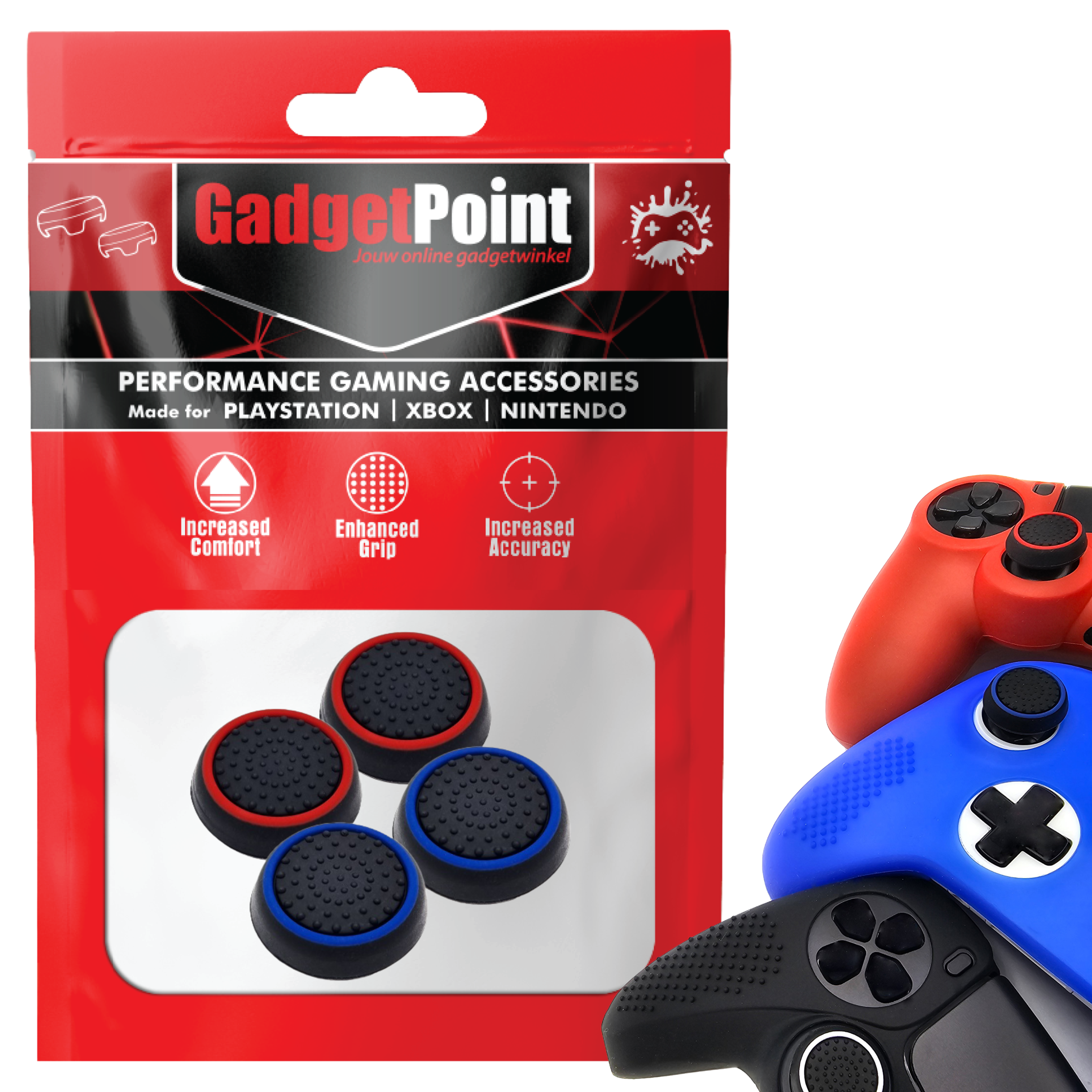 Thumb Grips voor PS5, PS4, PlayStation, Xbox Series X/S, One, 360 & Nintendo Switch Pro Controller - Gaming Thumbgrips - Performance Thumbsticks - Anti-Slip Joystick Caps - Bescherming Accessoires - Zwart Blauw en Zwart Rood