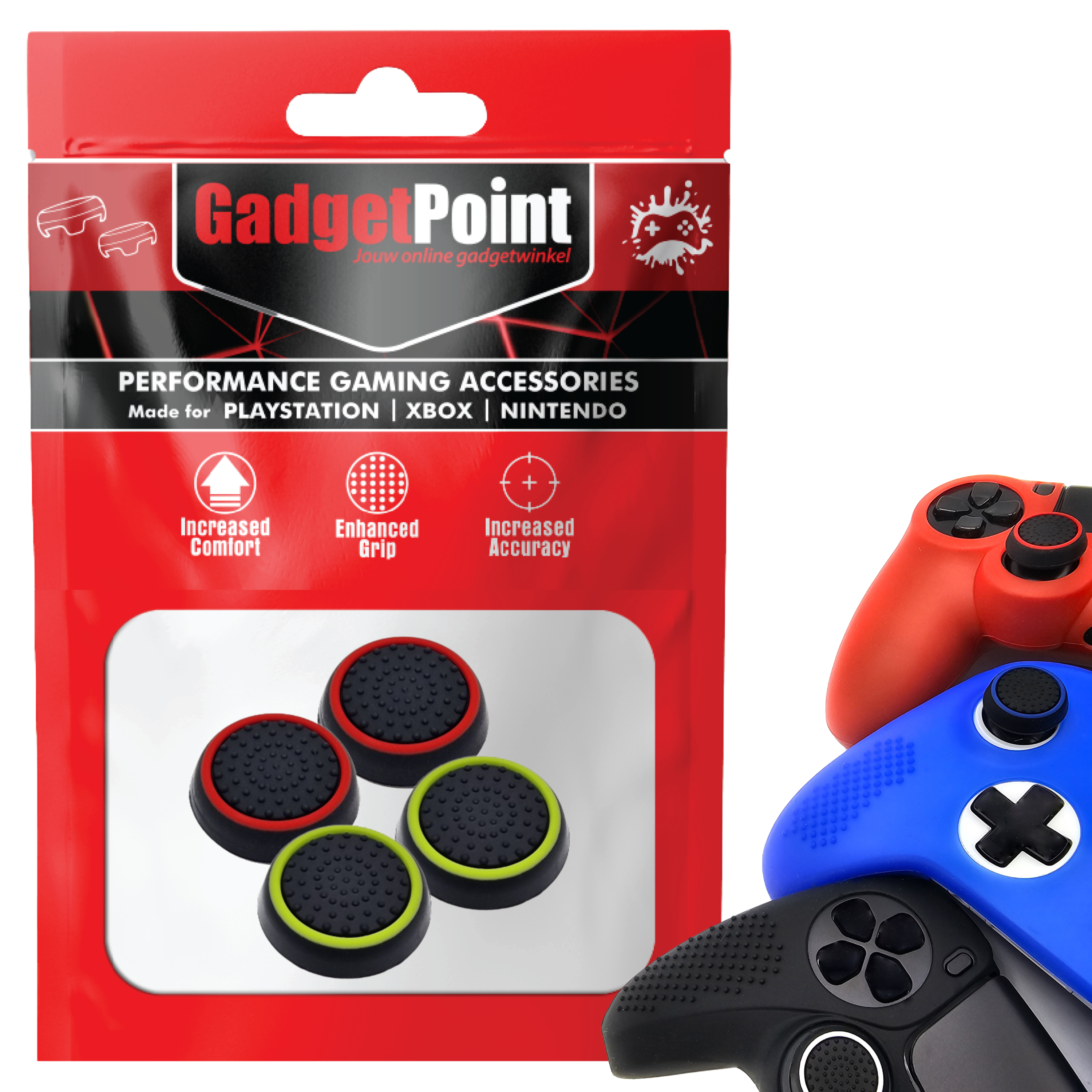 Daumengriffe für PS5, PS4, PlayStation, Xbox Series X/S, One, 360 & Nintendo Switch Pro Controller – Gaming-Daumengriffe – Performance-Thumbsticks – Anti-Rutsch-Joystick-Kappen – Schutzzubehör – Schwarz Hellgrün Schwarz Rot
