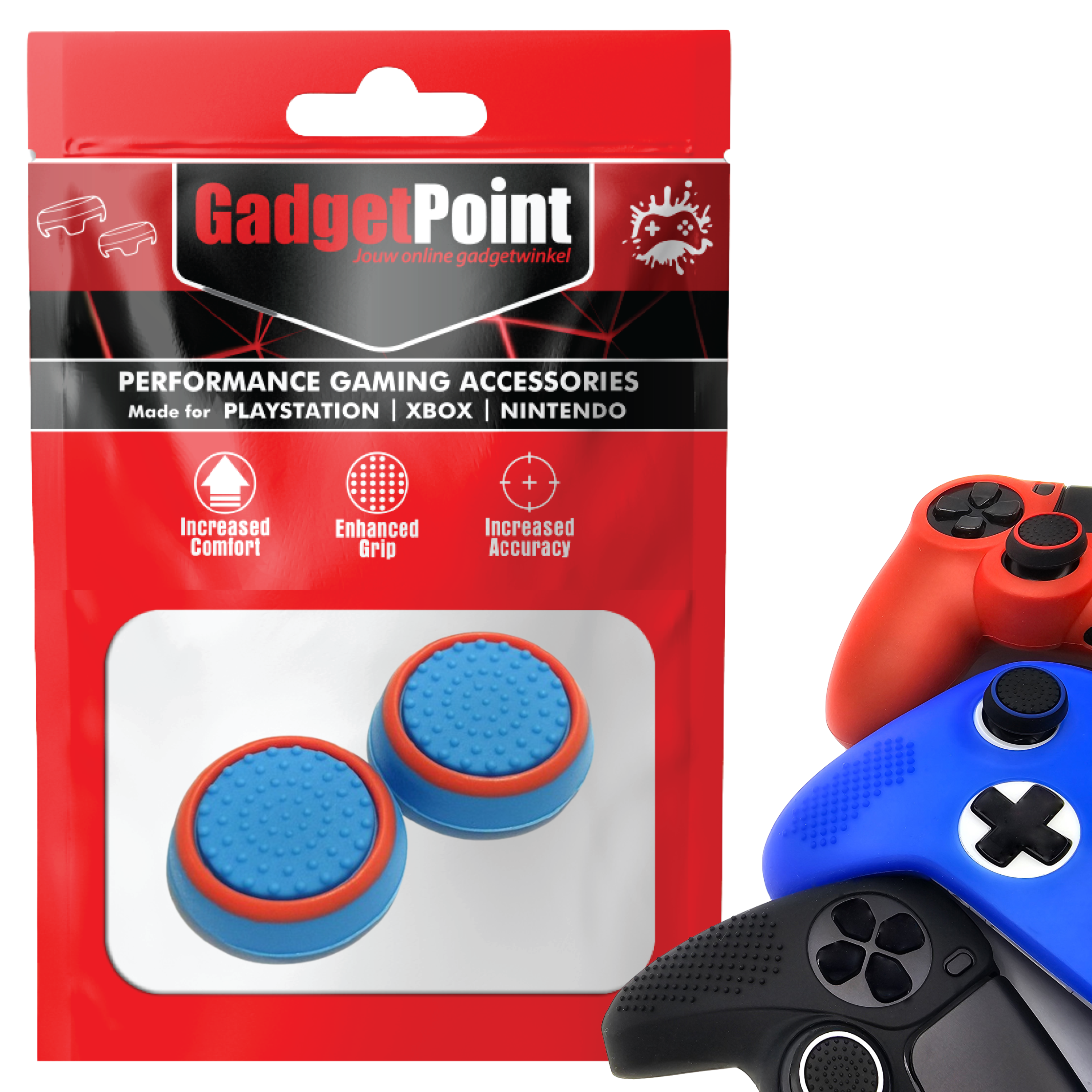 Thumb Grips voor PS5, PS4, PlayStation, Xbox Series X/S, One, 360 & Nintendo Switch Pro Controller - Gaming Thumbgrips - Performance Thumbsticks - Anti-Slip Joystick Caps - Bescherming Accessoires - Blauw met rode cirkel