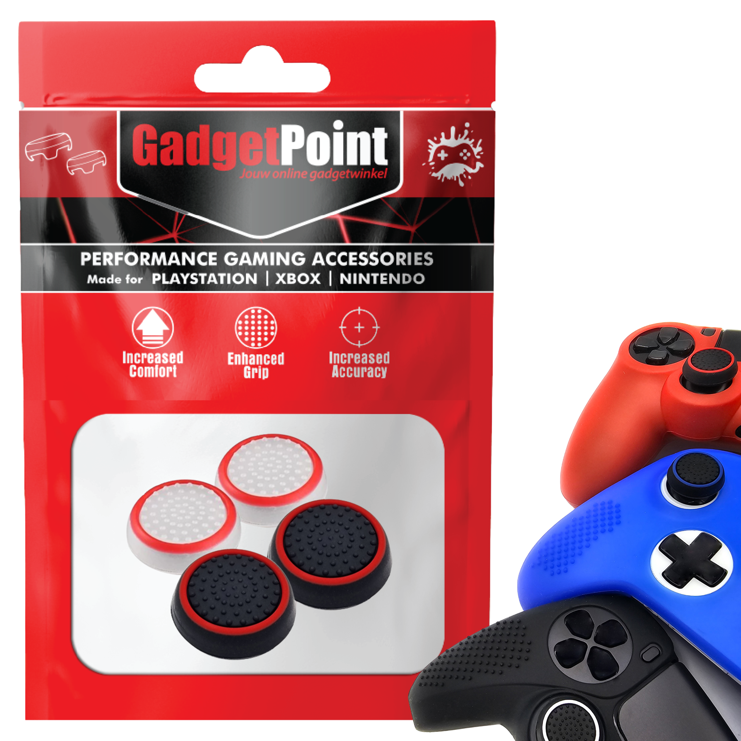 Thumb Grips voor PS5, PS4, PlayStation, Xbox Series X/S, One, 360 & Nintendo Switch Pro Controller - Gaming Thumbgrips - Performance Thumbsticks - Anti-Slip Joystick Caps - Bescherming Accessoires - Wit Rood en Zwart Rood