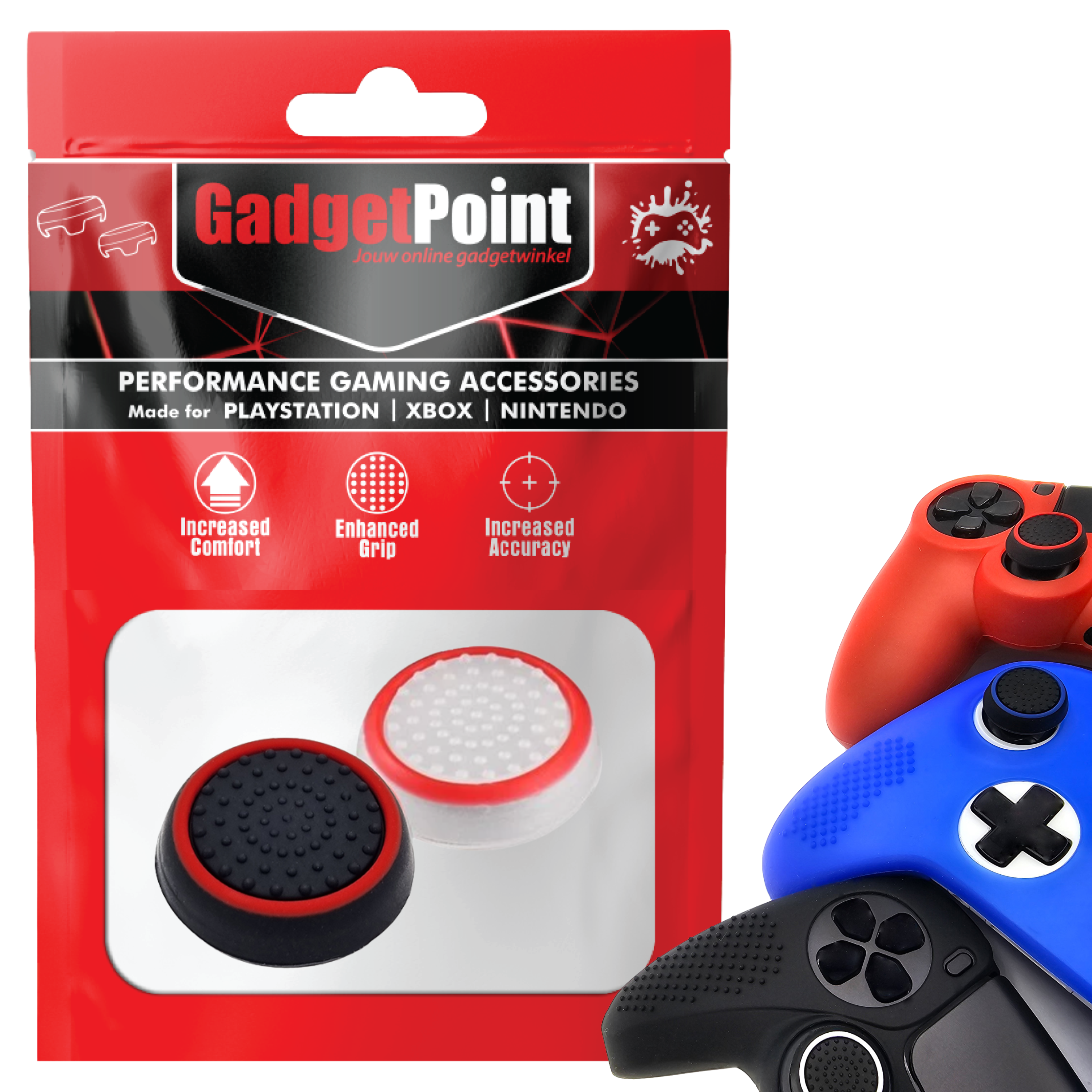 Thumb Grips voor PS5, PS4, PlayStation, Xbox Series X/S, One, 360 & Nintendo Switch Pro Controller - Gaming Thumbgrips - Performance Thumbsticks - Anti-Slip Joystick Caps - Bescherming Accessoires - Wit Rood/Zwart Rood