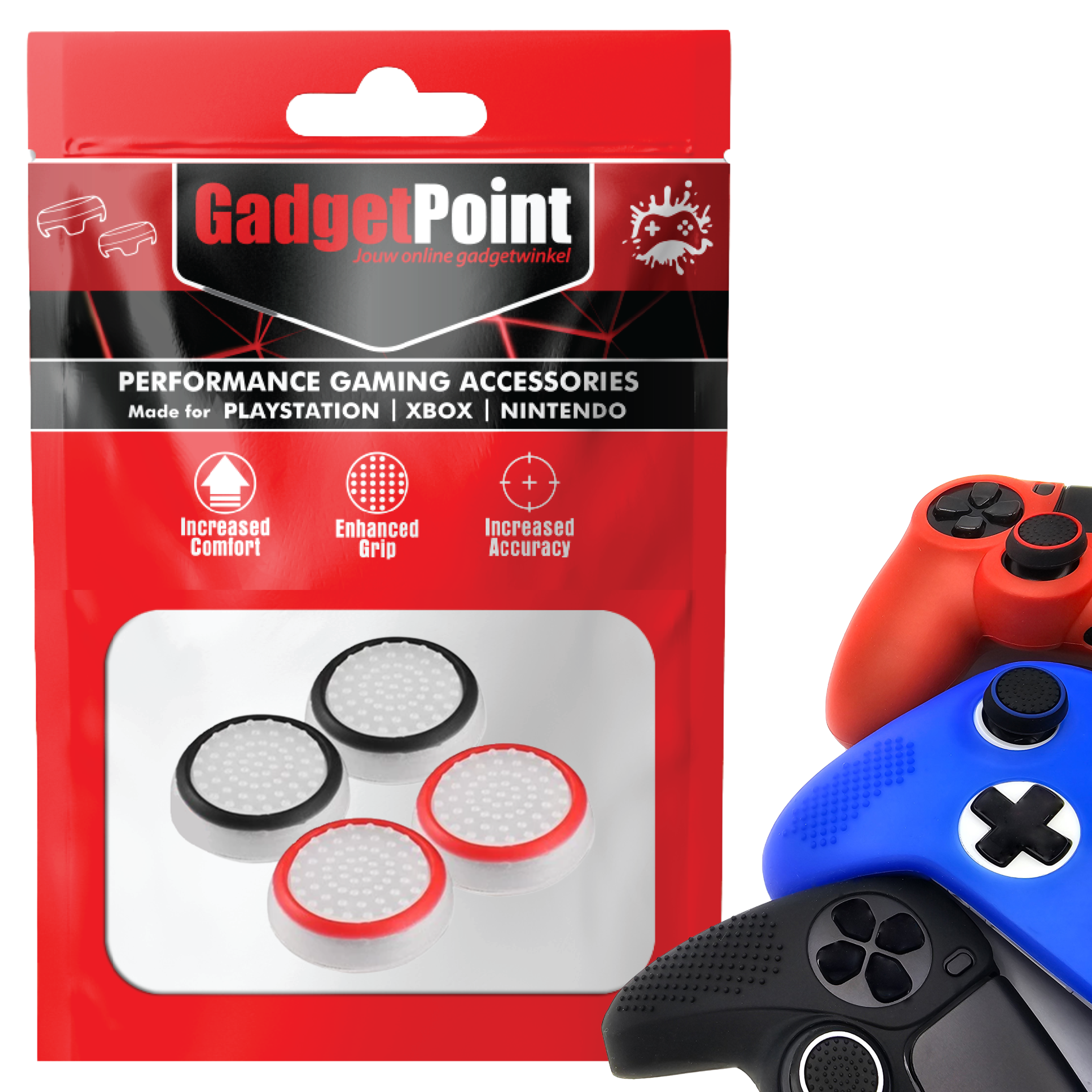 Thumb Grips voor PS5, PS4, PlayStation, Xbox Series X/S, One, 360 & Nintendo Switch Pro Controller - Gaming Thumbgrips - Performance Thumbsticks - Anti-Slip Joystick Caps - Bescherming Accessoires - Wit Zwart en Wit Rood