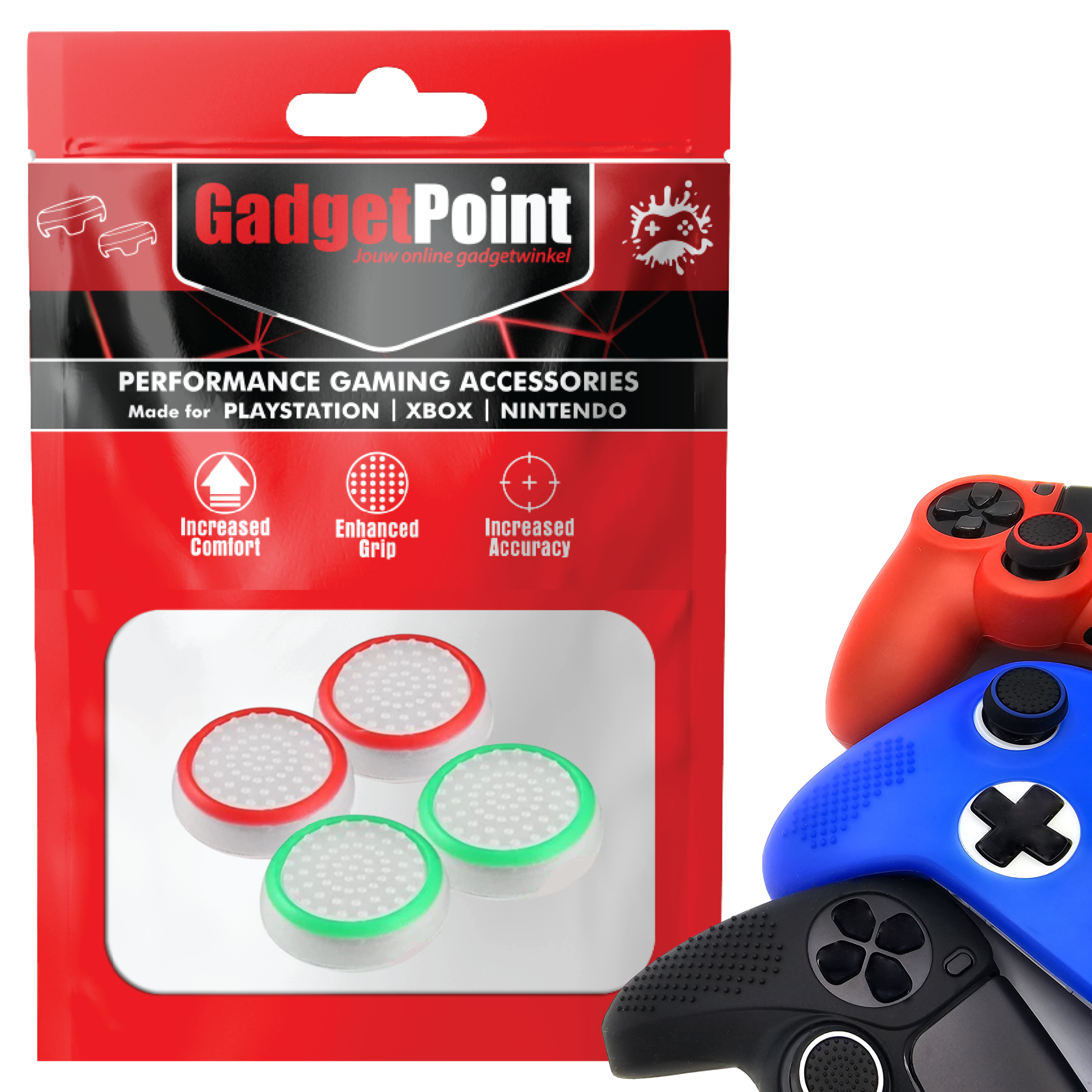 Thumb Grips voor PS5, PS4, PlayStation, Xbox Series X/S, One, 360 & Nintendo Switch Pro Controller - Gaming Thumbgrips - Performance Thumbsticks - Anti-Slip Joystick Caps - Bescherming Accessoires - Wit Groen en Wit Rood
