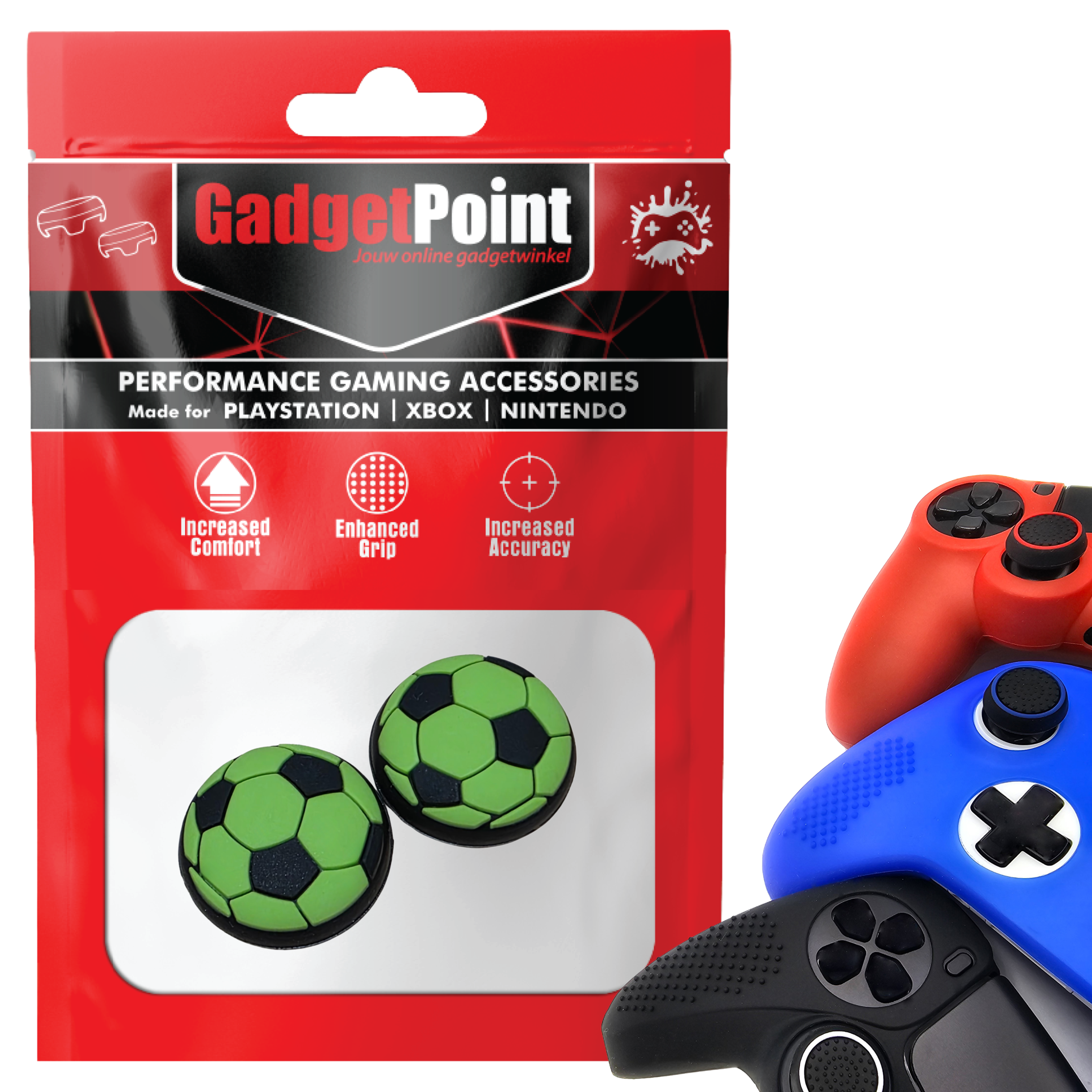 Gaming Thumb Grips | Performance Thumbsticks | Accessoires geschikt voor Playstation (PS4, PS5) & Xbox (360, One, Series X/S) & Nintendo Switch Pro Controller(s) | Thumbgrips | Voetbal - Groen met Zwart