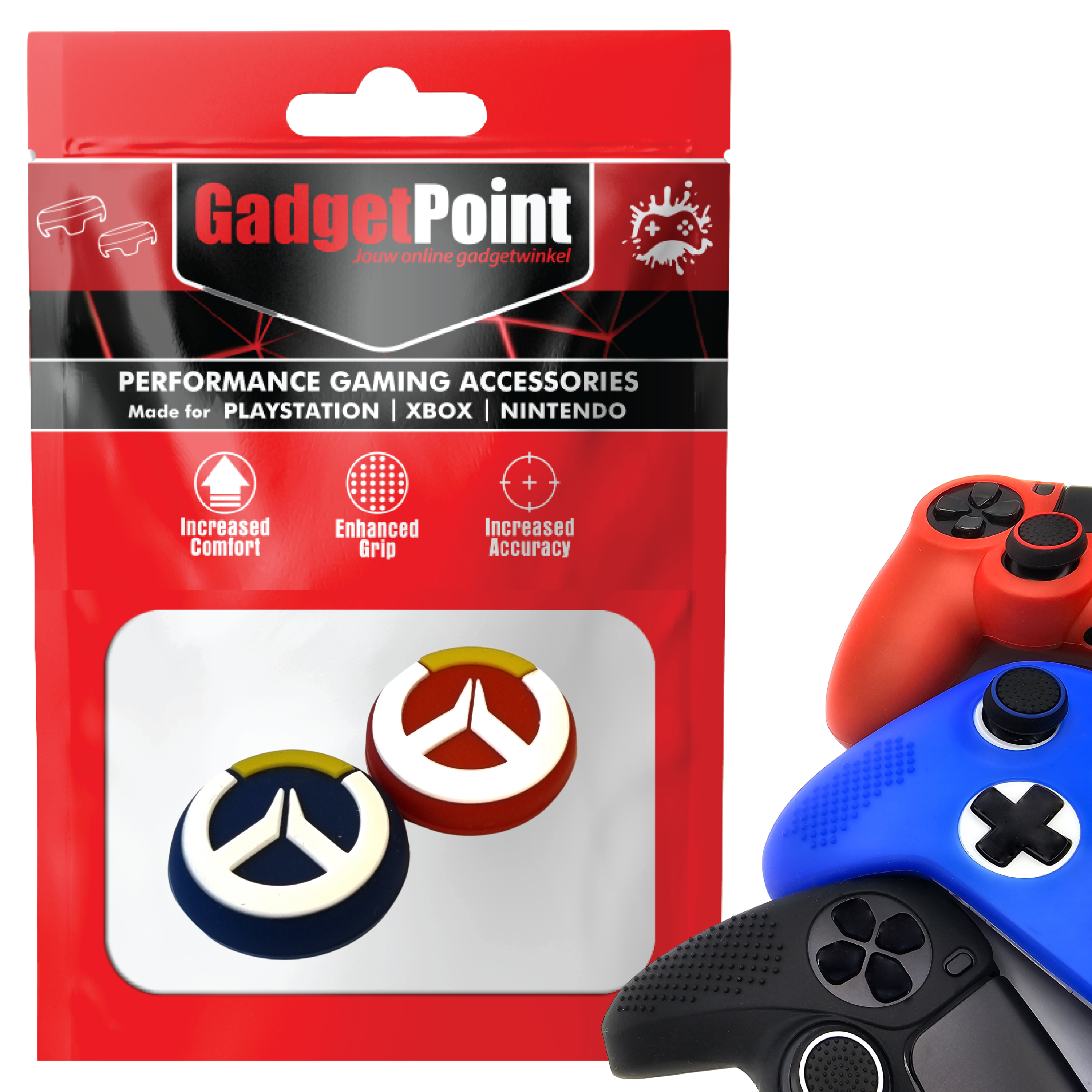Thumb Grips voor PS5, PS4, PlayStation, Xbox Series X/S, One, 360 & Nintendo Switch Pro Controller - Gaming Thumbgrips - Performance Thumbsticks - Anti-Slip Joystick Caps - Bescherming Accessoires - Blauw/Rood met Wit/Geel