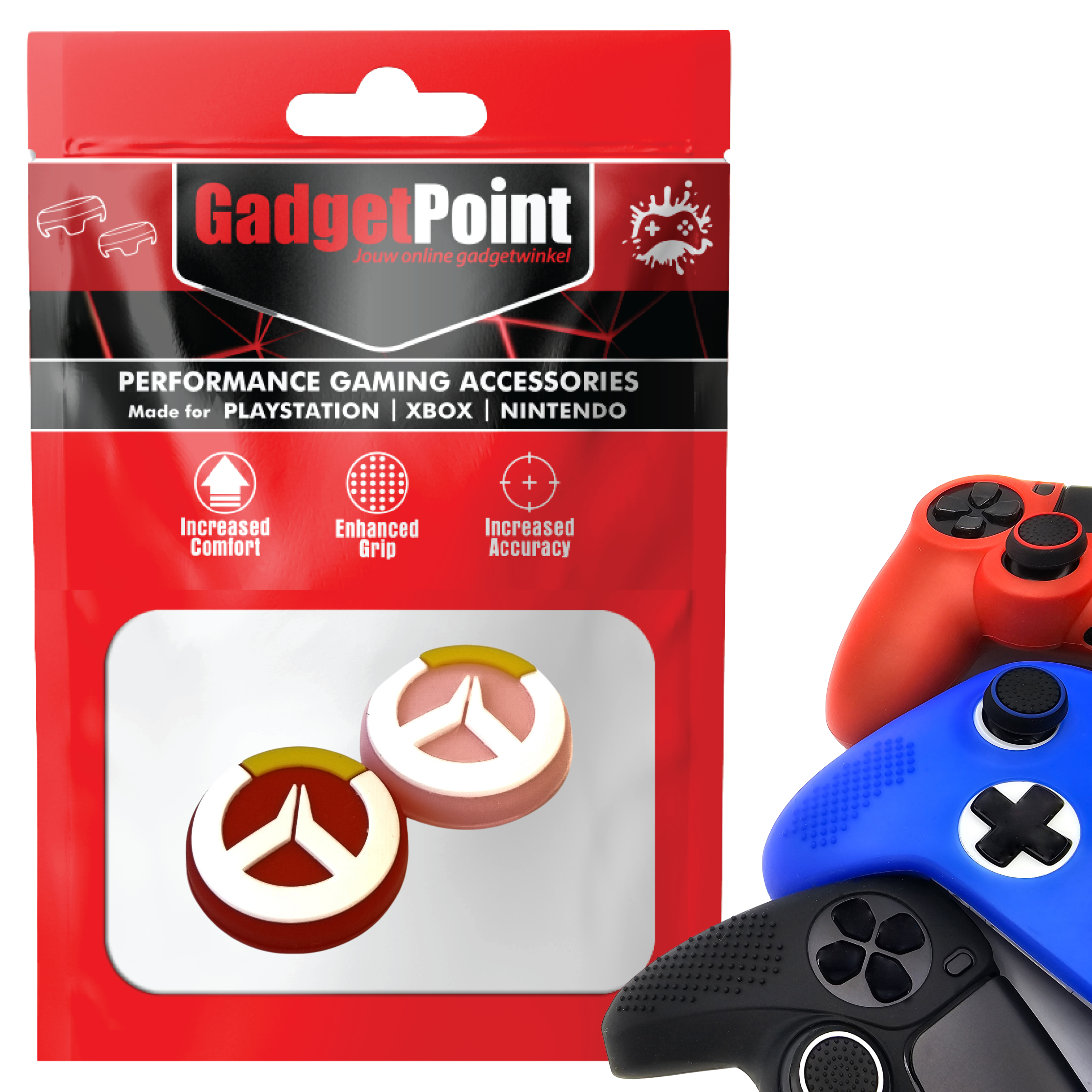 Thumb Grips voor PS5, PS4, PlayStation, Xbox Series X/S, One, 360 & Nintendo Switch Pro Controller - Gaming Thumbgrips - Performance Thumbsticks - Anti-Slip Joystick Caps - Bescherming Accessoires - Roze/Rood met Wit/Geel