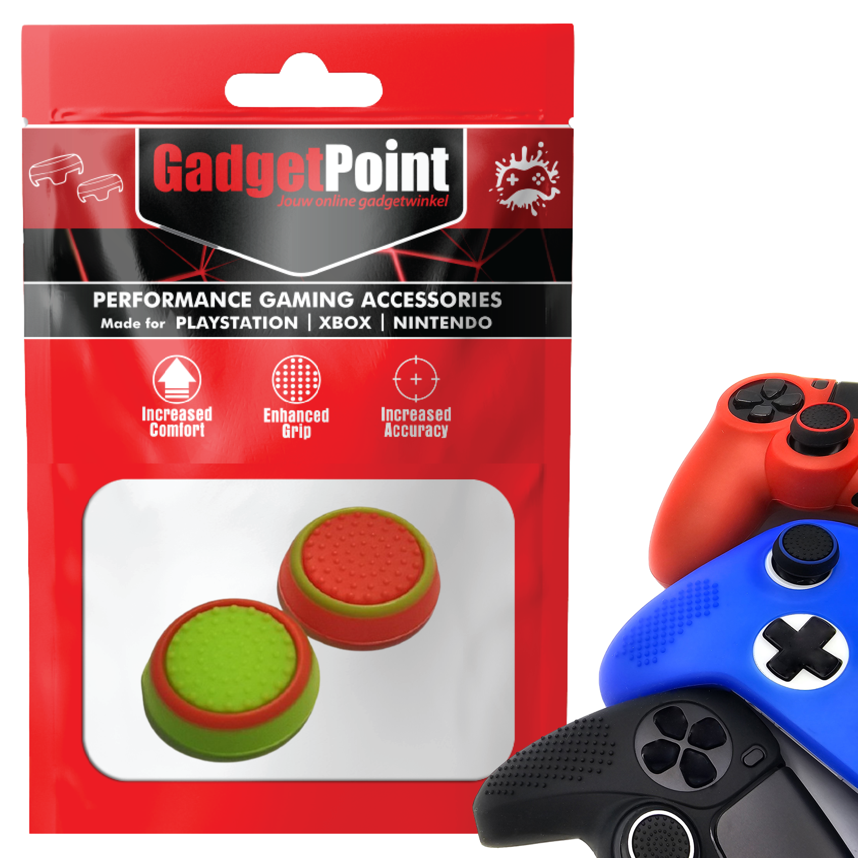Thumb Grips voor PS5, PS4, PlayStation, Xbox Series X/S, One, 360 & Nintendo Switch Pro Controller - Gaming Thumbgrips - Performance Thumbsticks - Anti-Slip Joystick Caps - Bescherming Accessoires - Groen en Rood