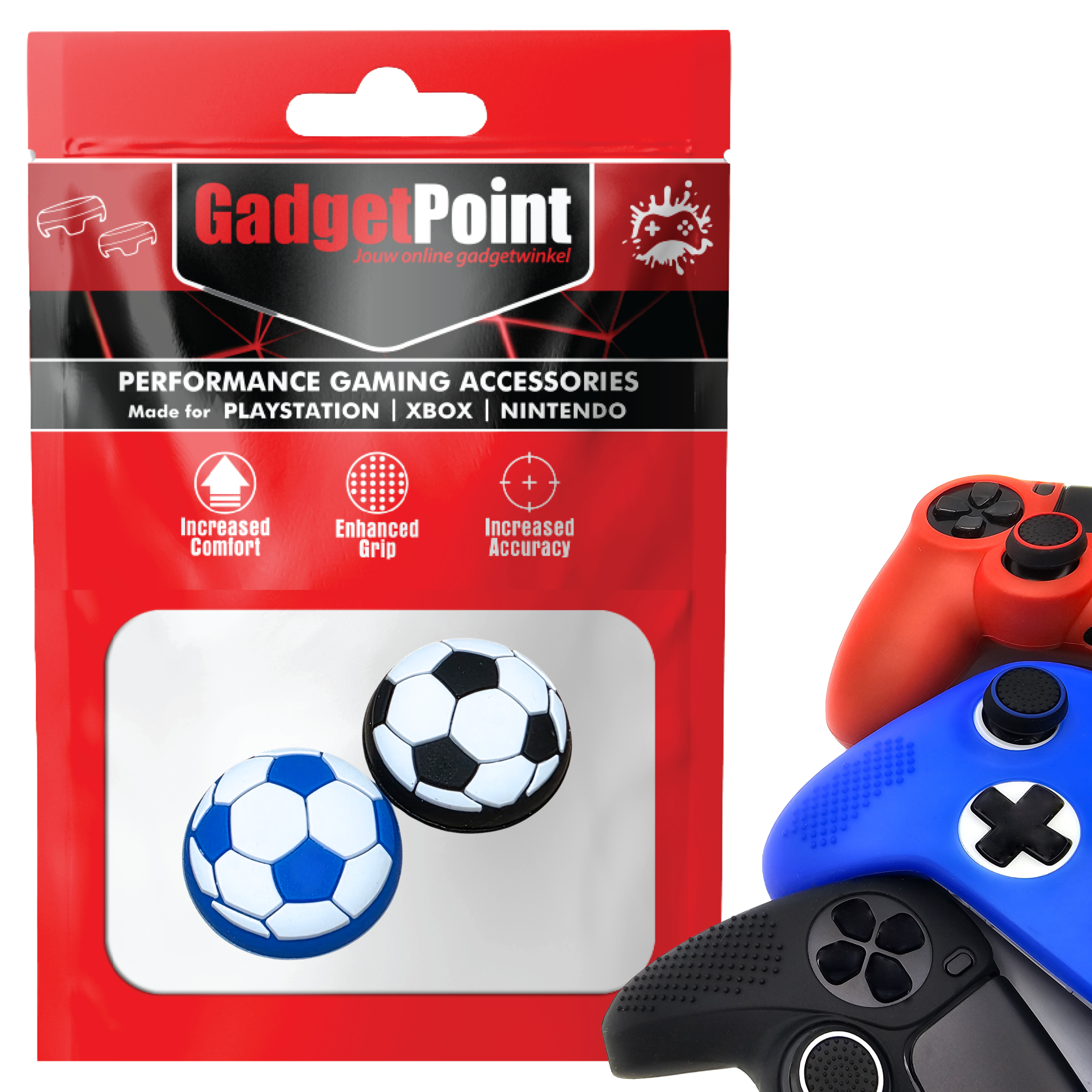 Thumb Grips voor PS5, PS4, PlayStation, Xbox Series X/S, One, 360 & Nintendo Switch Pro Controller - Gaming Thumbgrips - Performance Thumbsticks - Anti-Slip Joystick Caps - Bescherming Accessoires - Voetbal - Zwart/Blauw