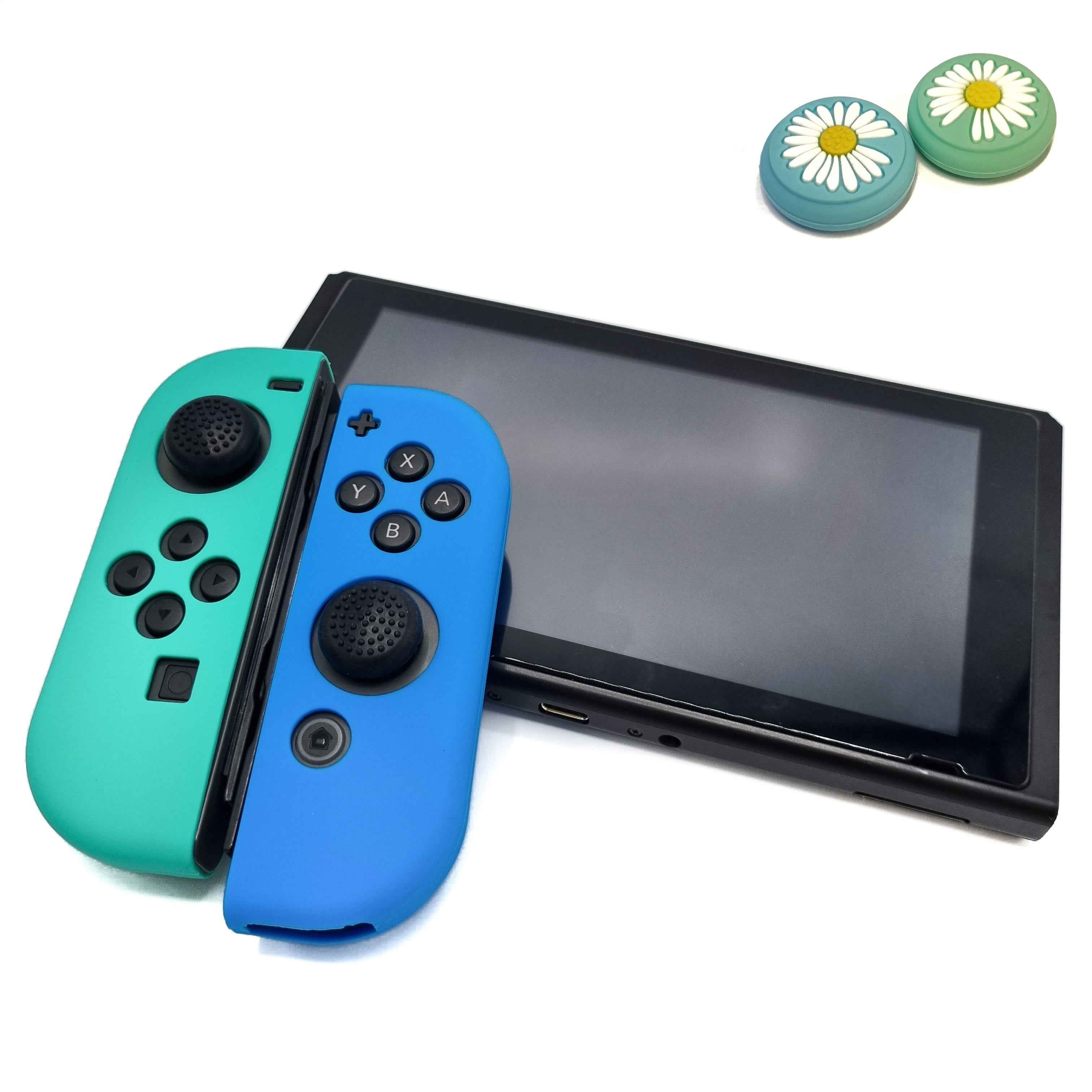 Hoesjes & Skins + Thumb Grips voor Nintendo Switch 1 - Performance Gaming Case - Soft Grip Covers - Anti-Slip Joy-Con Controller Accessoires - Cobalt Groen/Lichtblauw + Bloemetjes Blauw/Groen