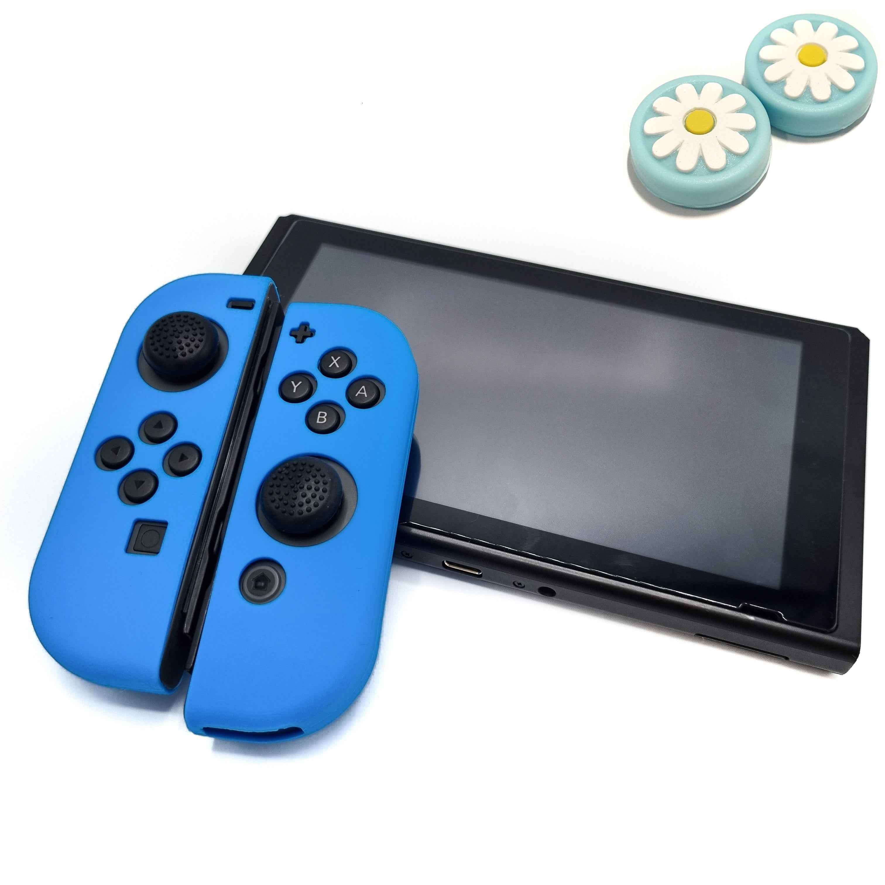 Hoesjes & Skins + Thumb Grips voor Nintendo Switch 1 - Performance Gaming Case - Soft Grip Covers - Anti-Slip Joy-Con Controller Accessoires - Lichtblauw + Bloem Blauw