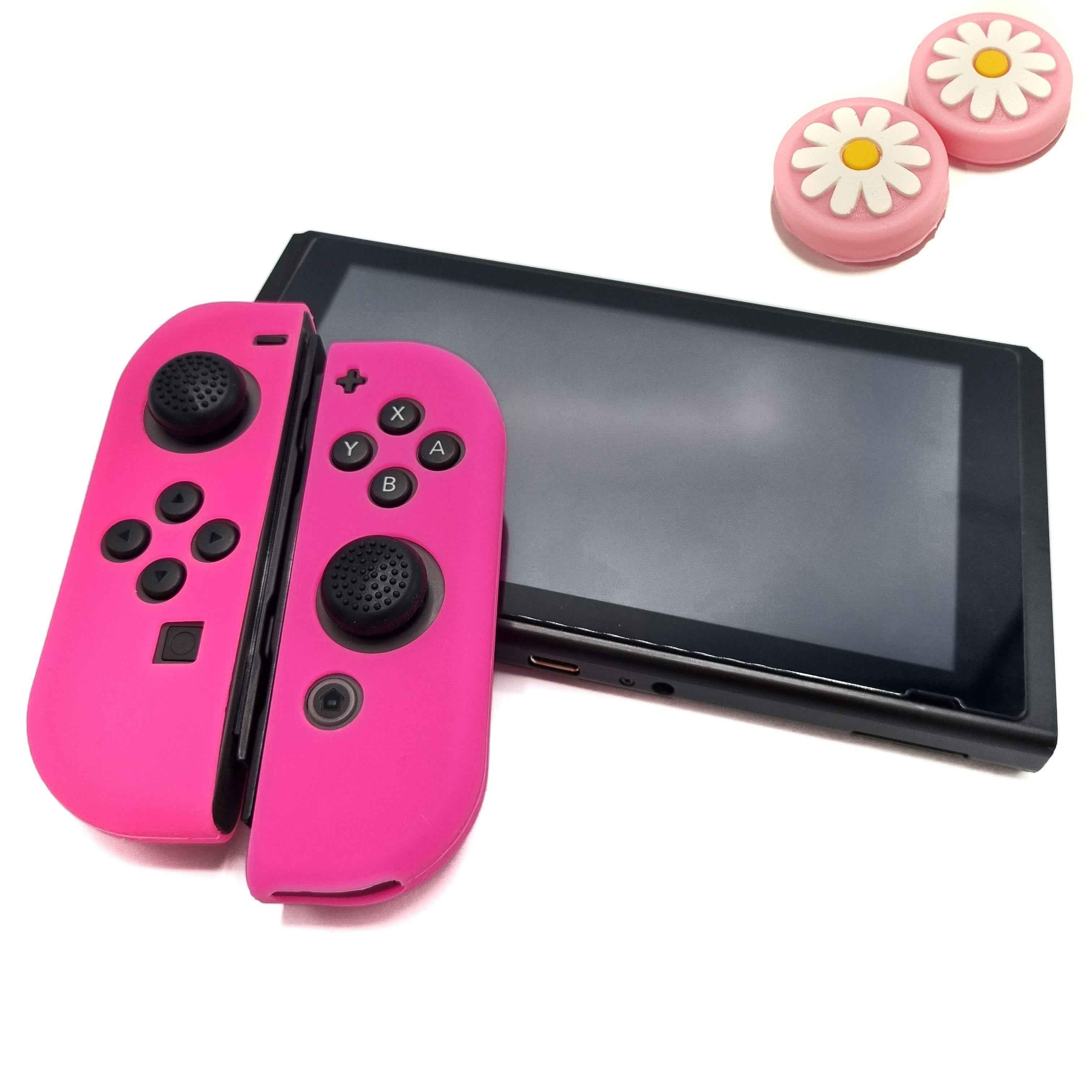 Hoesjes & Skins + Thumb Grips voor Nintendo Switch 1 - Performance Gaming Case - Soft Grip Covers - Anti-Slip Joy-Con Controller Accessoires - Roze + Bloemetjes Roze