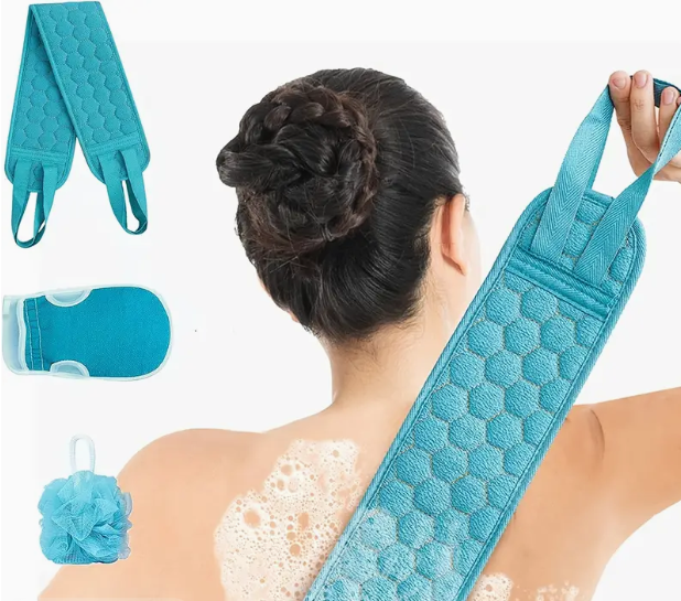 Body Brush - Back Scrubber - Glove Sponge - Bath & Shower - Set of 3 - Blue