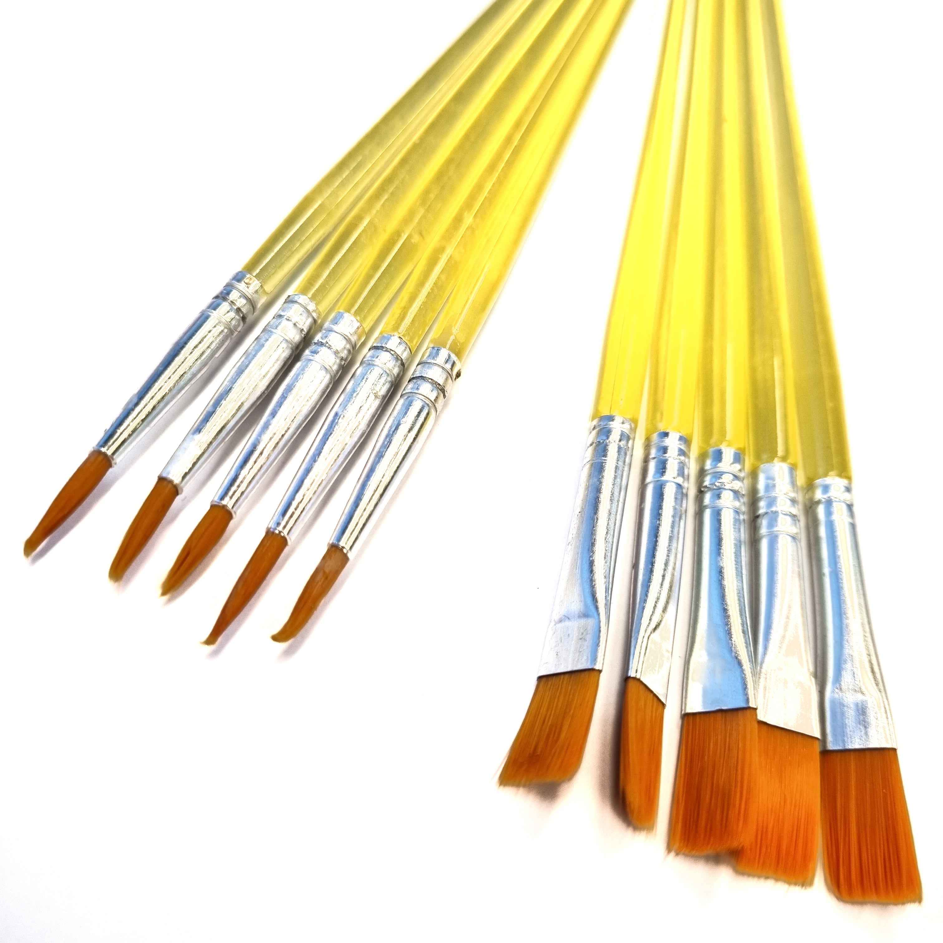 Verfkwasten - Set van 10 - Penselen - Kwastjes - Schilderen - Verven - Knutselen - Kwasten- Plat & Pointed - Geel