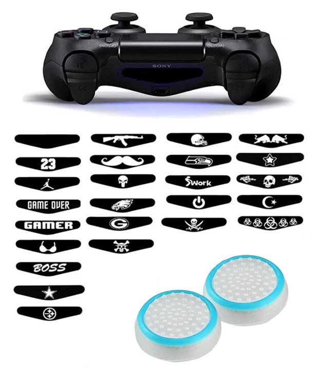Thumb Grips + Stickers for PS4, PlayStation 4 - Gaming Thumbgrips - Performance Thumbsticks - Anti-Slip Joystick Caps - Protection Accessories - White/Blue + Random Sticker